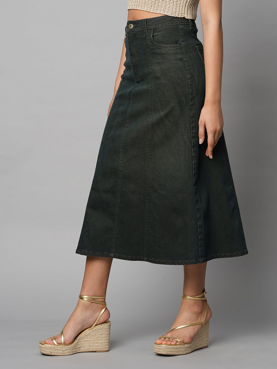 DIRTY WASH DENIM PANELLED FIT N FLARE SKIRT