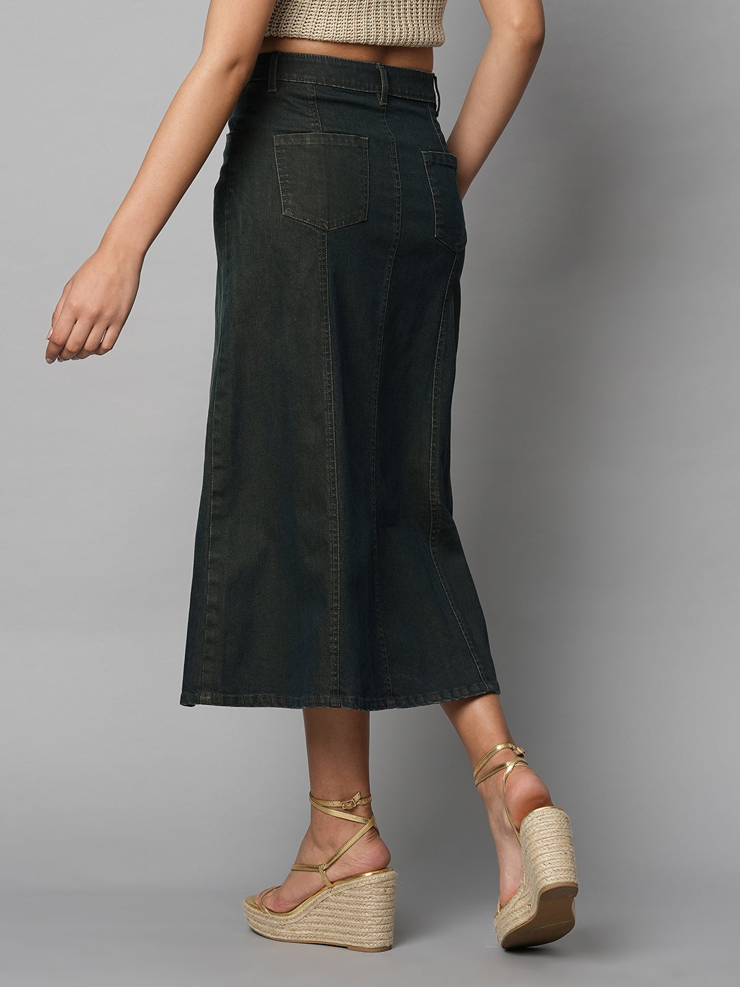 DIRTY WASH DENIM PANELLED FIT N FLARE SKIRT