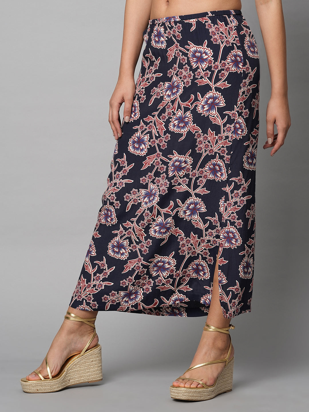 Printed Viscose Slip On Skirt W/ Side Slit