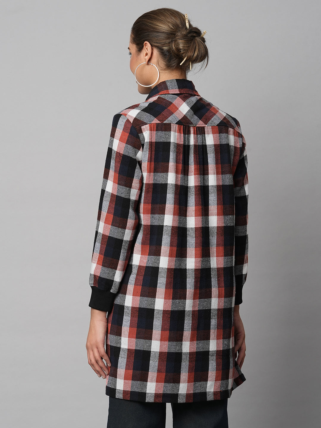 Brushed Flannel Pop Over Longline Shirt With Ribbed Cuffs