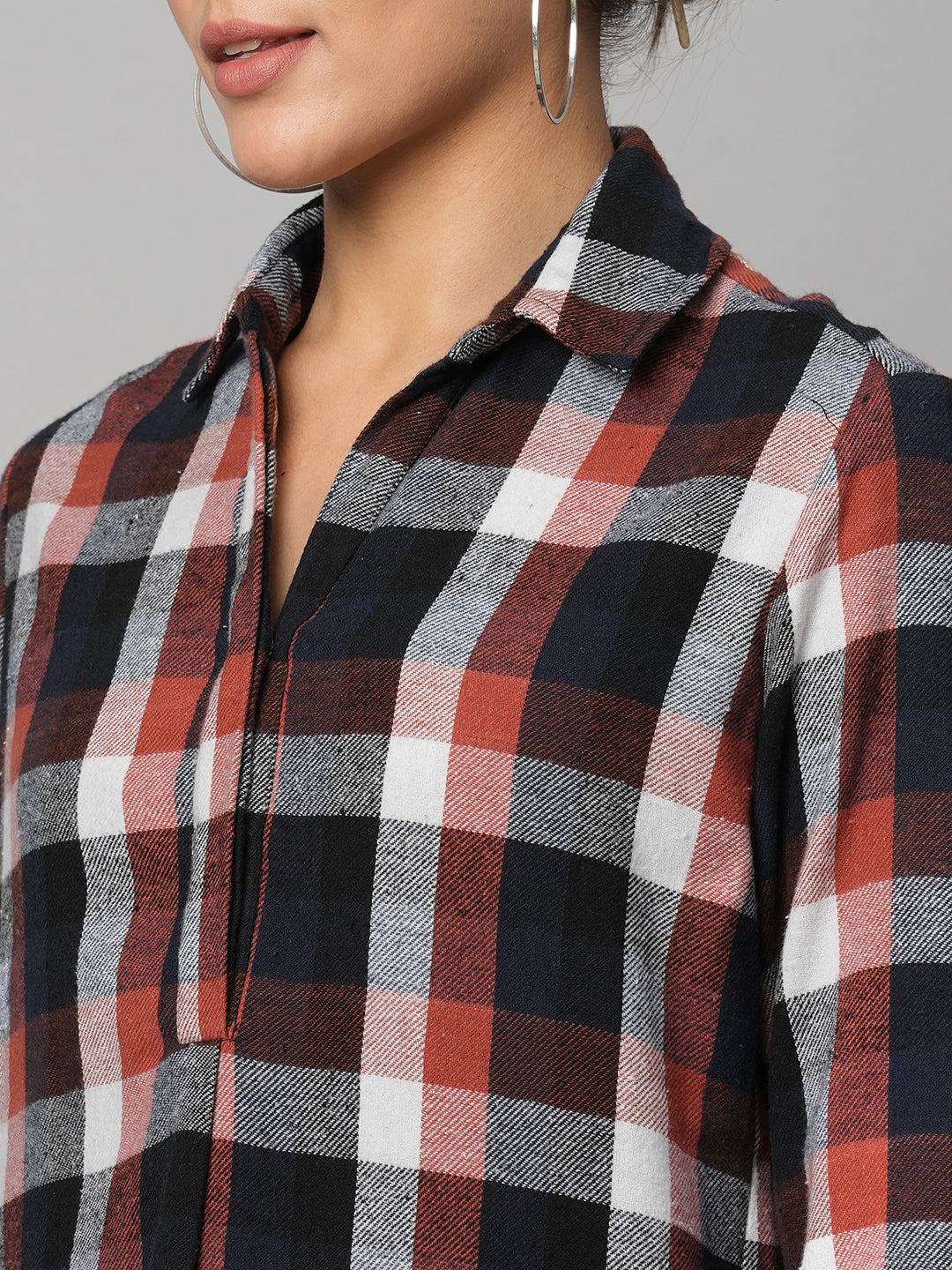 Brushed Flannel Pop Over Longline Shirt With Ribbed Cuffs