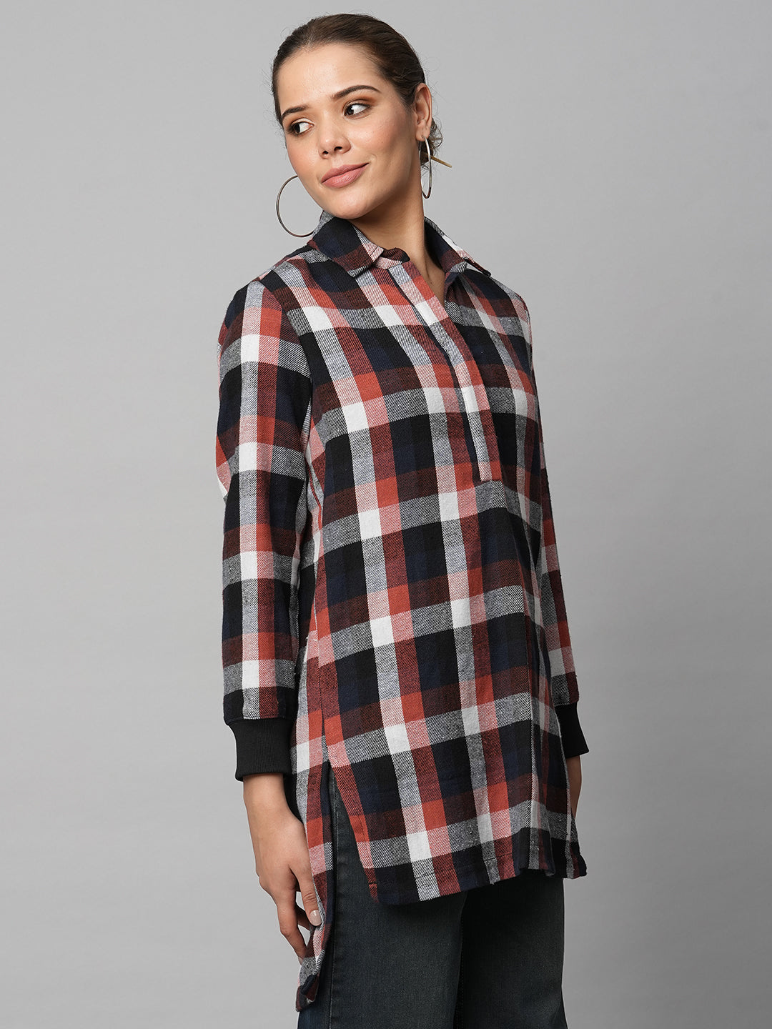 Brushed Flannel Pop Over Longline Shirt With Ribbed Cuffs