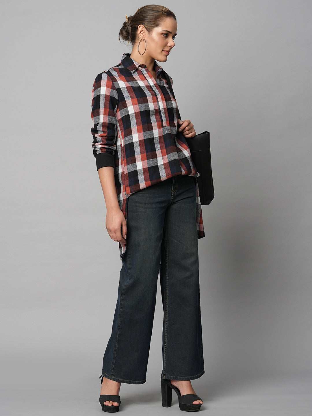 Brushed Flannel Pop Over Longline Shirt With Ribbed Cuffs