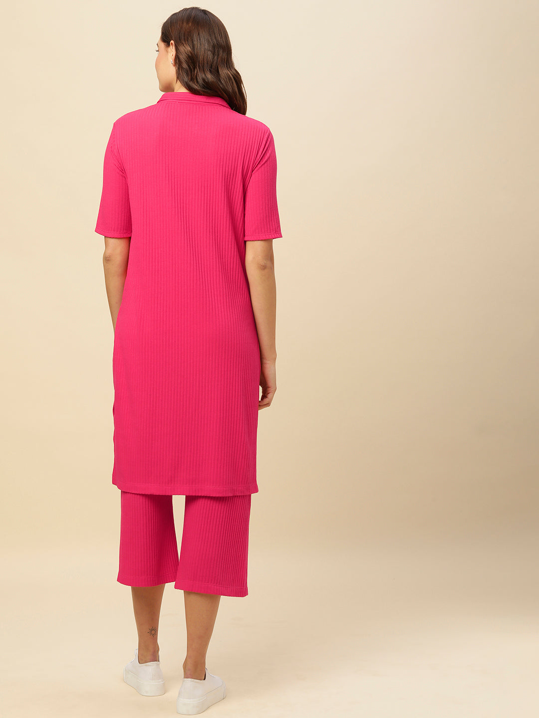 Head To Toe Ribbed Knit Longline Tee And Wide Leg "Airport Look Co-Ord Set"