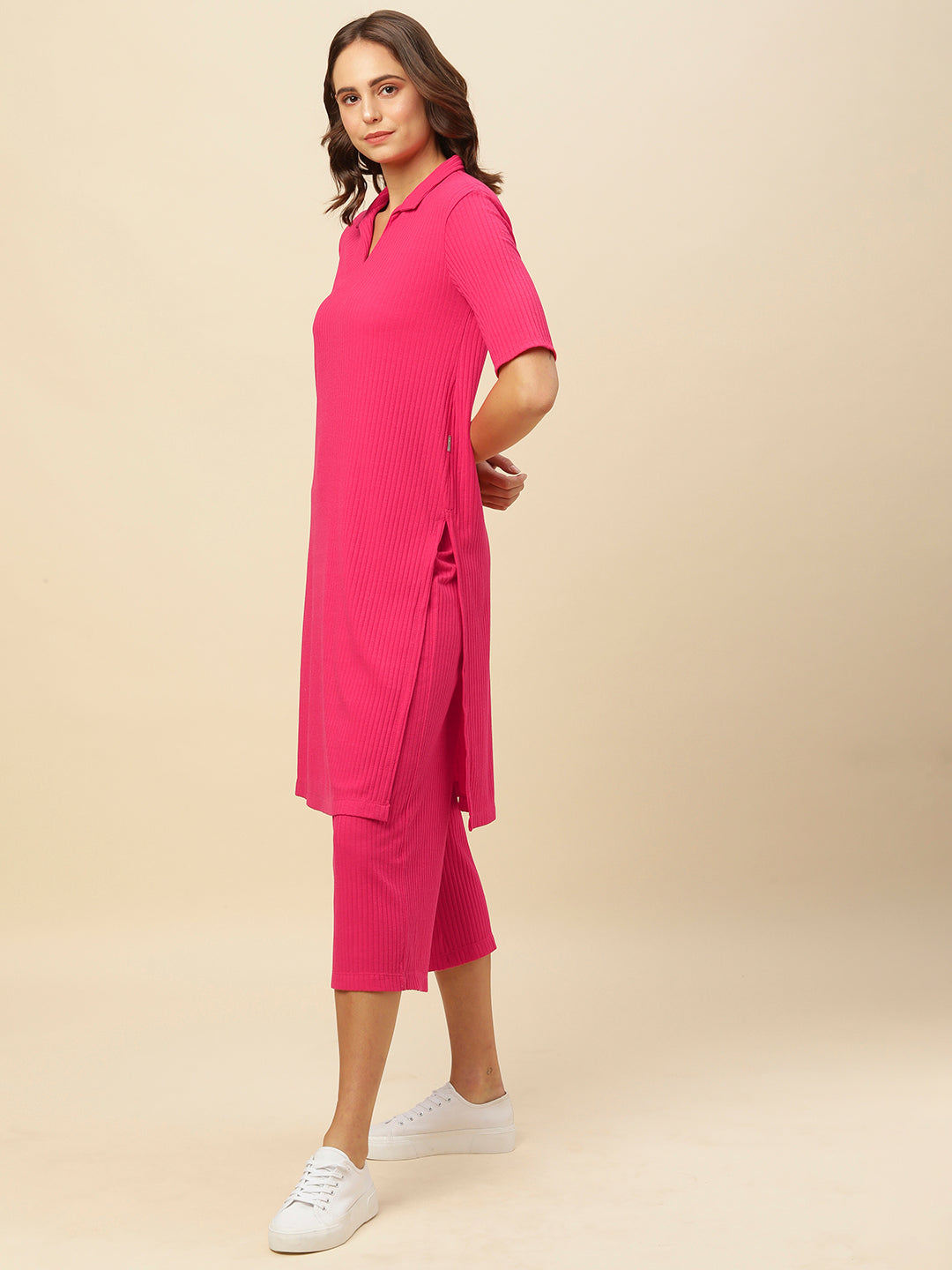 Head To Toe Ribbed Knit Longline Tee And Wide Leg "Airport Look Co-Ord Set"