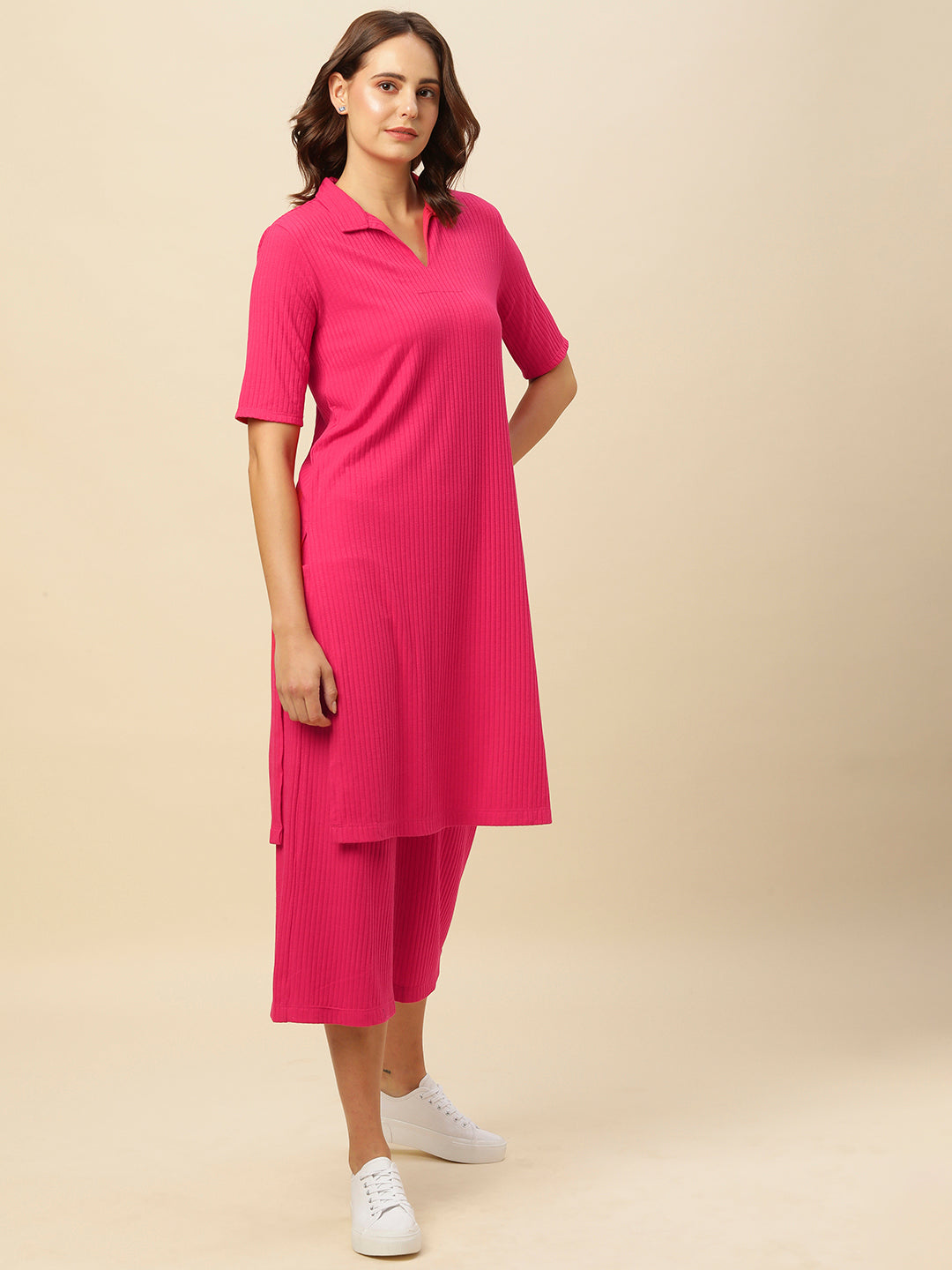 Head To Toe Ribbed Knit Longline Tee And Wide Leg "Airport Look Co-Ord Set"