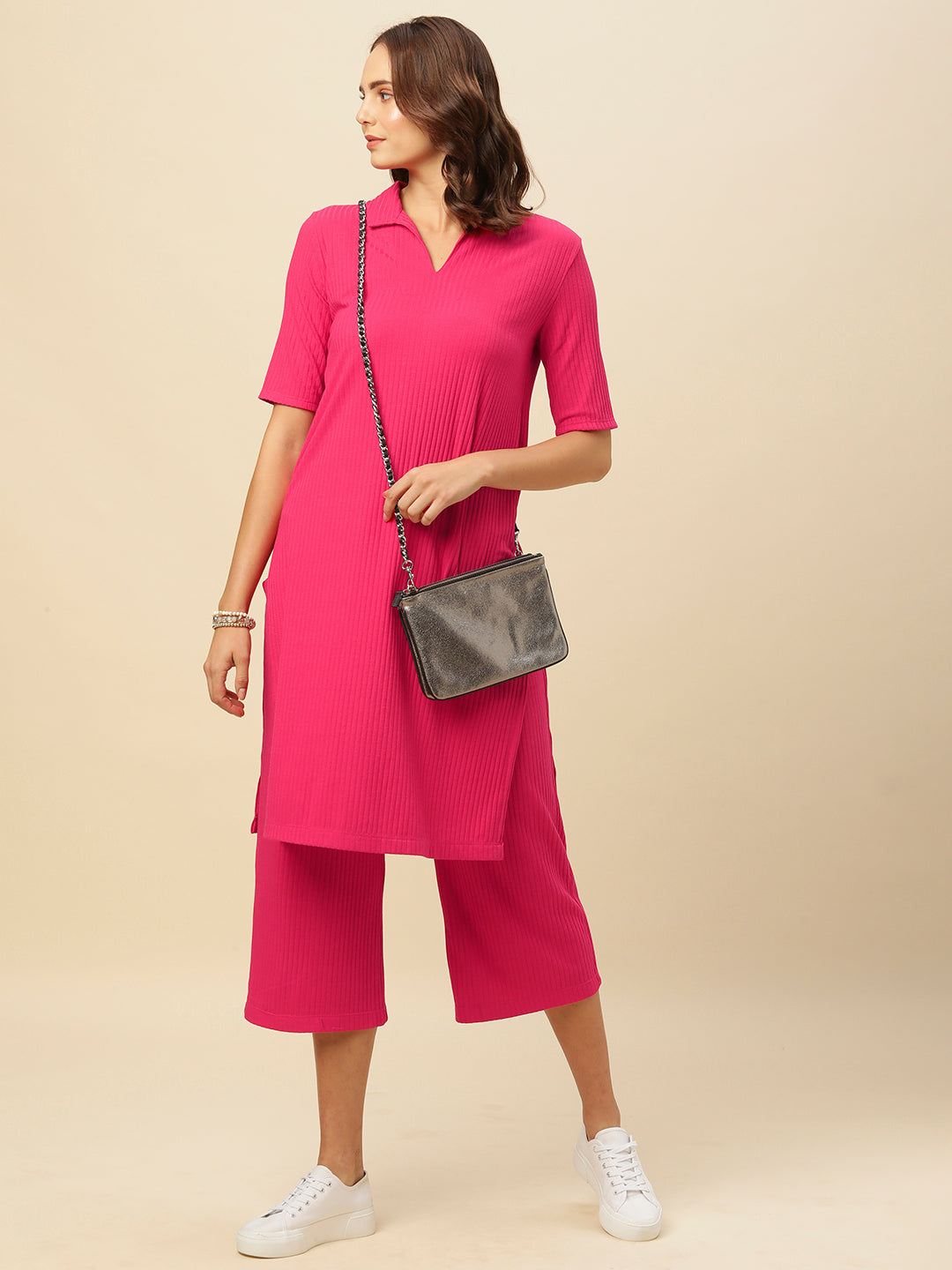 Head To Toe Ribbed Knit Longline Tee And Wide Leg "Airport Look Co-Ord Set"