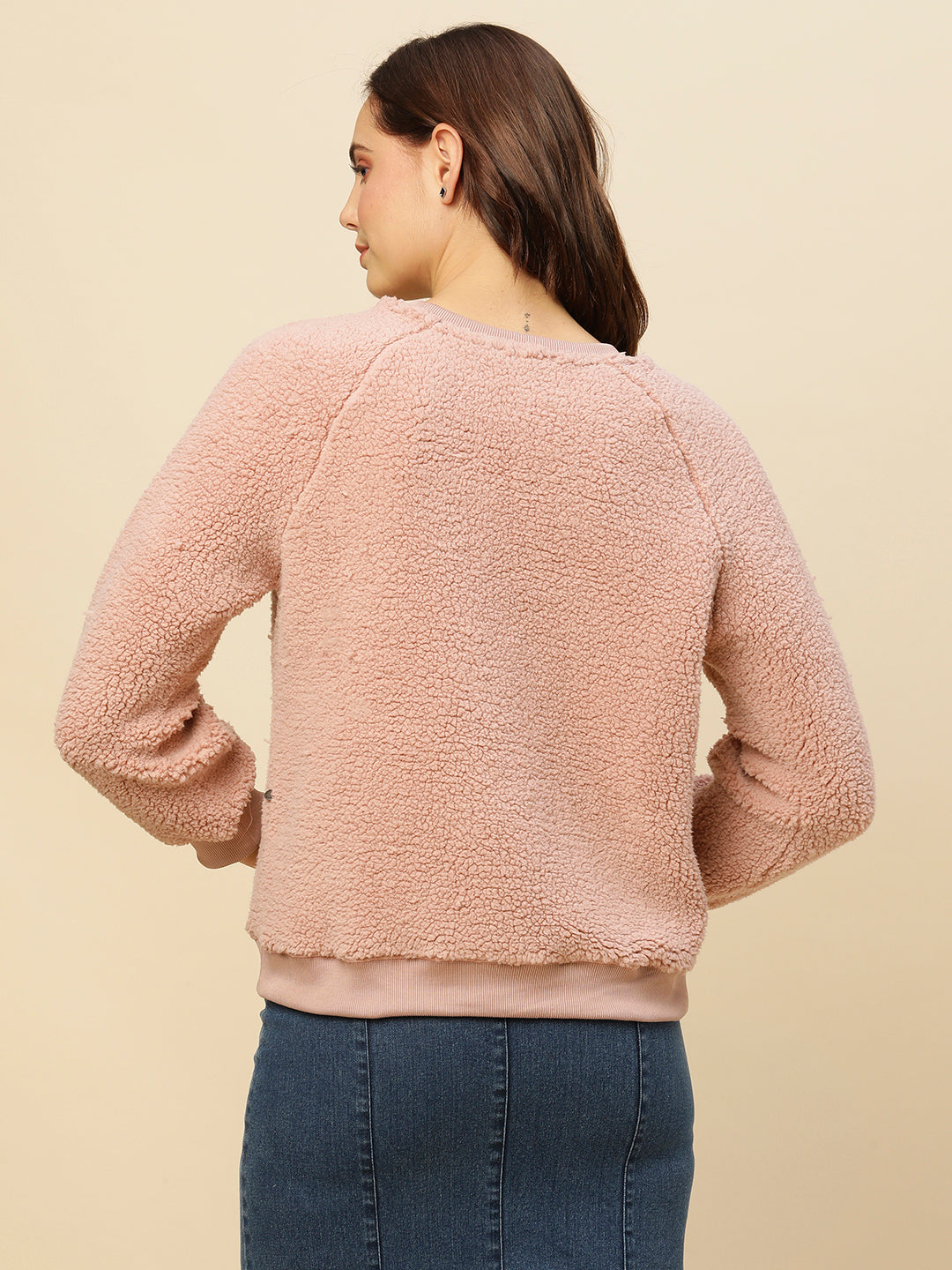 Raglan Sleeve Sherpa Sweatshirt With Ribbed Detailing
