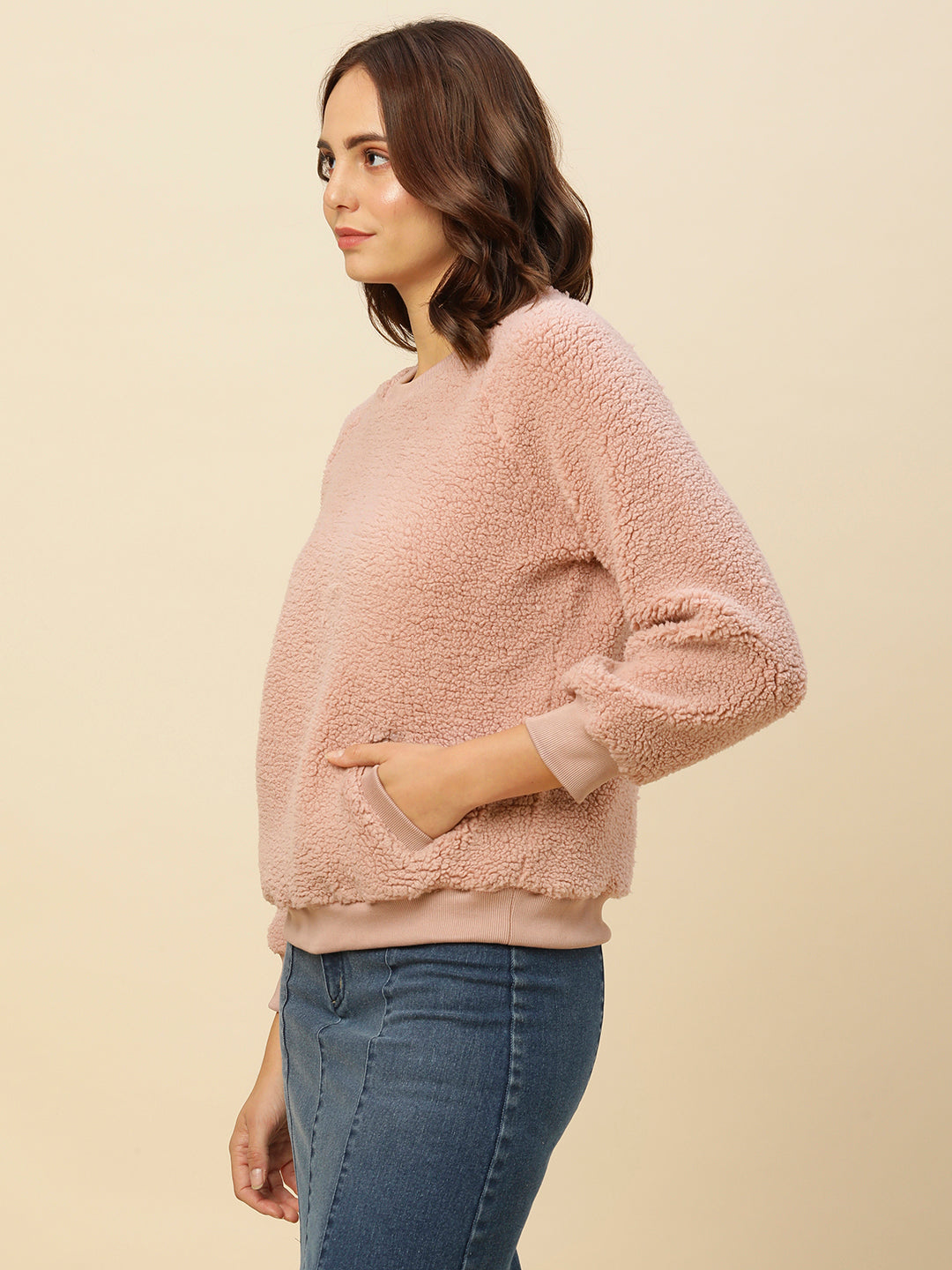 Raglan Sleeve Sherpa Sweatshirt With Ribbed Detailing