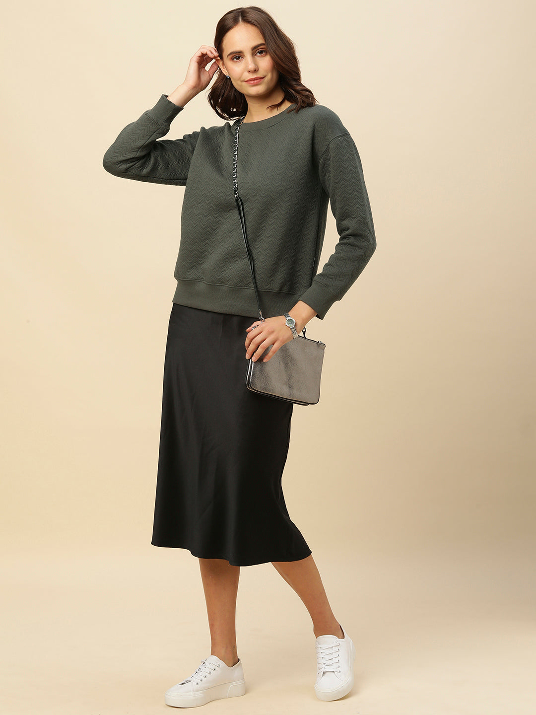 QUILTED KNIT DROPPED SHOULDER SWEATSHIRT