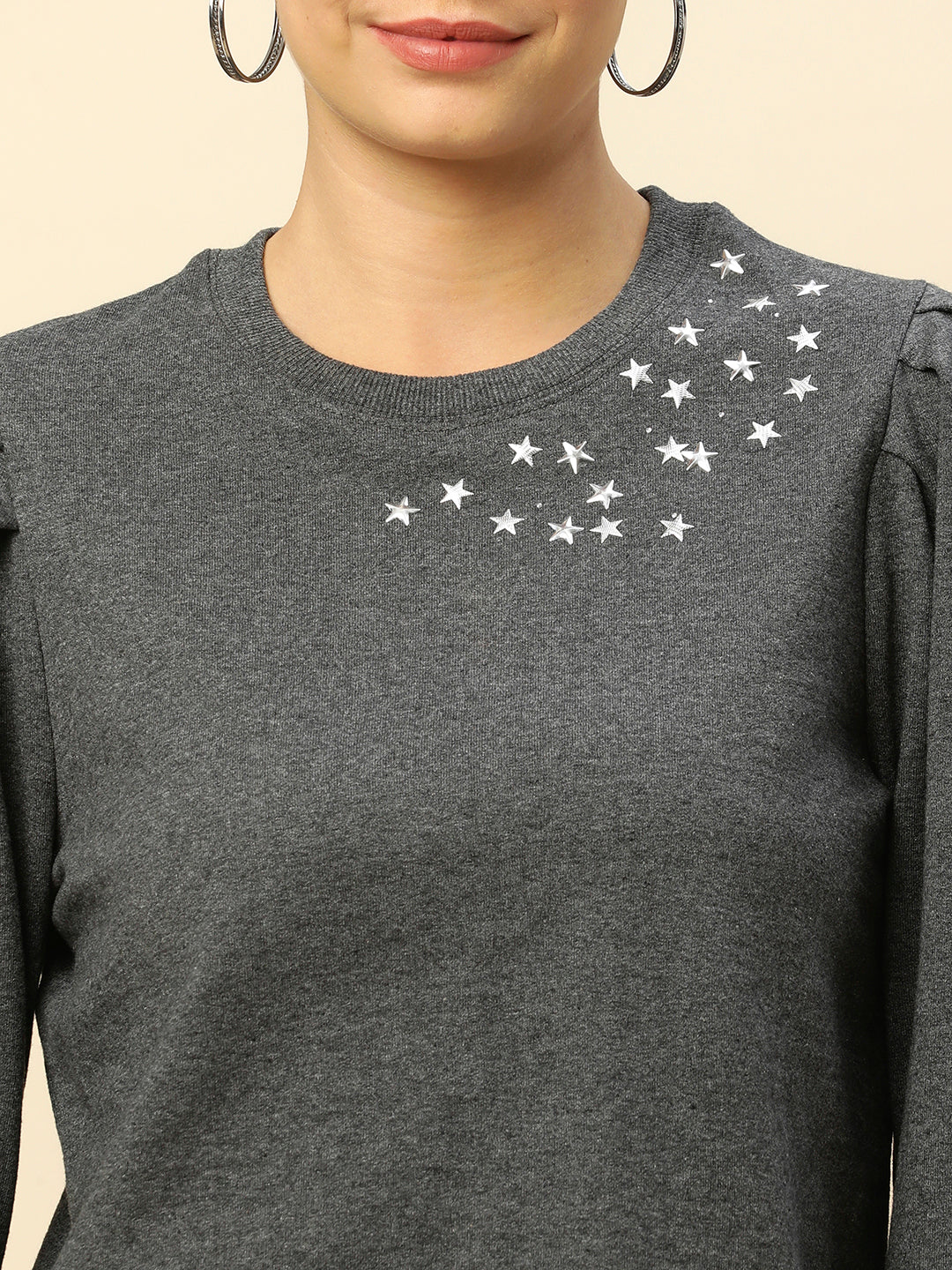 FRENCH TERRY GREY MELANGE "STARRY NIGHT"  PUFF SLEEVED SWEATSHIRT
