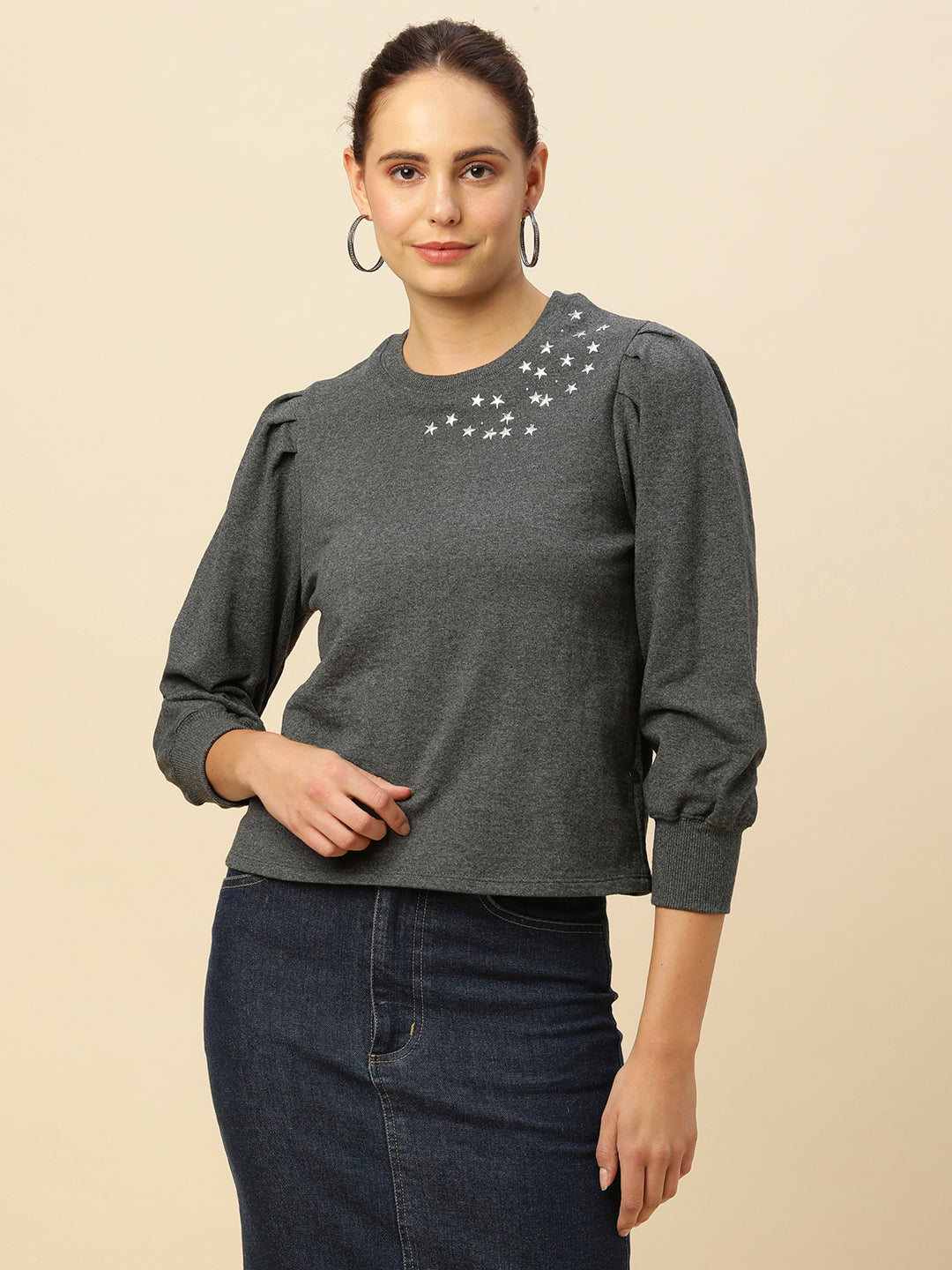 FRENCH TERRY GREY MELANGE "STARRY NIGHT"  PUFF SLEEVED SWEATSHIRT