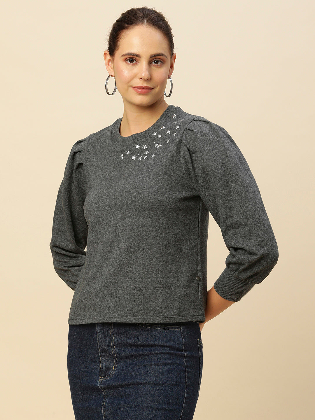 FRENCH TERRY GREY MELANGE "STARRY NIGHT"  PUFF SLEEVED SWEATSHIRT