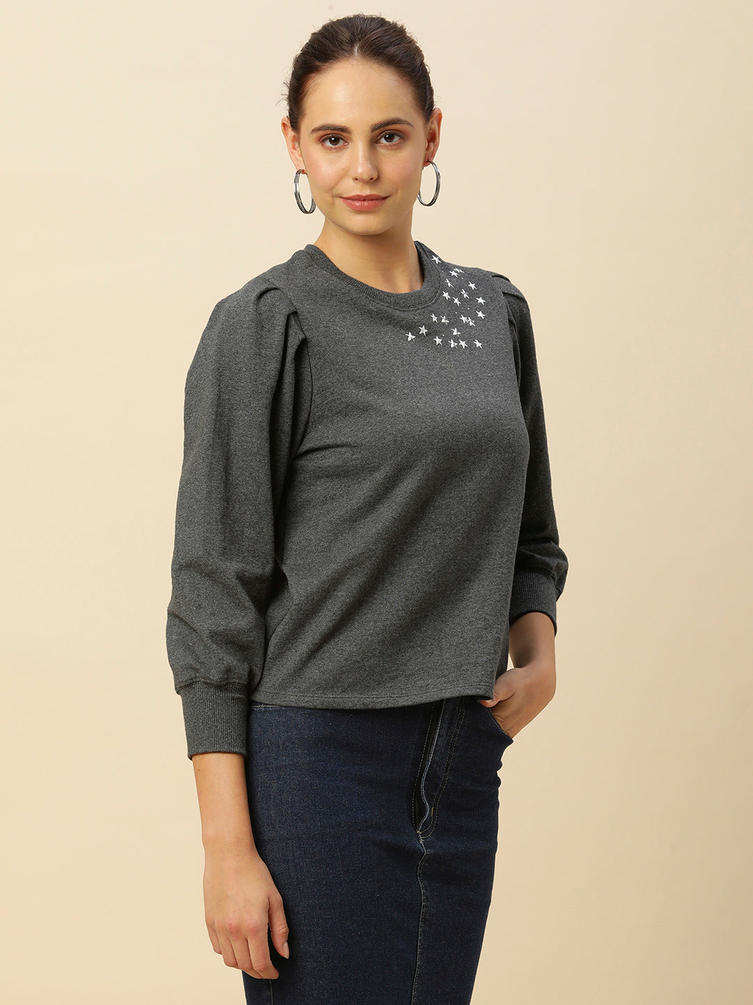 FRENCH TERRY GREY MELANGE "STARRY NIGHT"  PUFF SLEEVED SWEATSHIRT