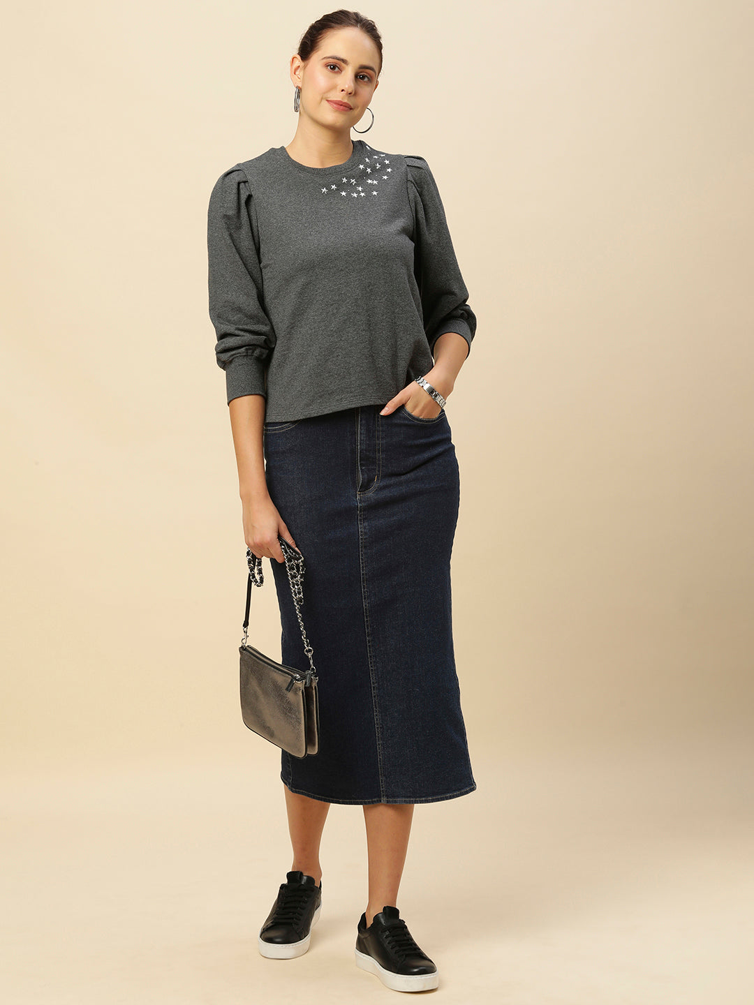 FRENCH TERRY GREY MELANGE "STARRY NIGHT"  PUFF SLEEVED SWEATSHIRT