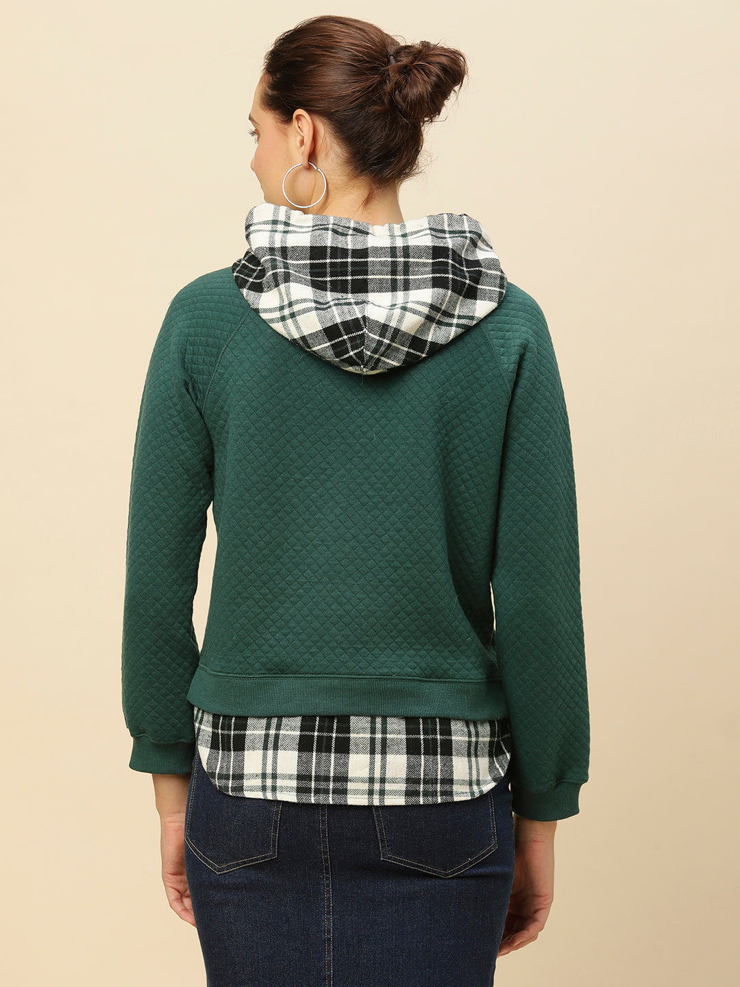 Quilted Faux Layered Look Sweatshirt W/ Plaid Hoodie