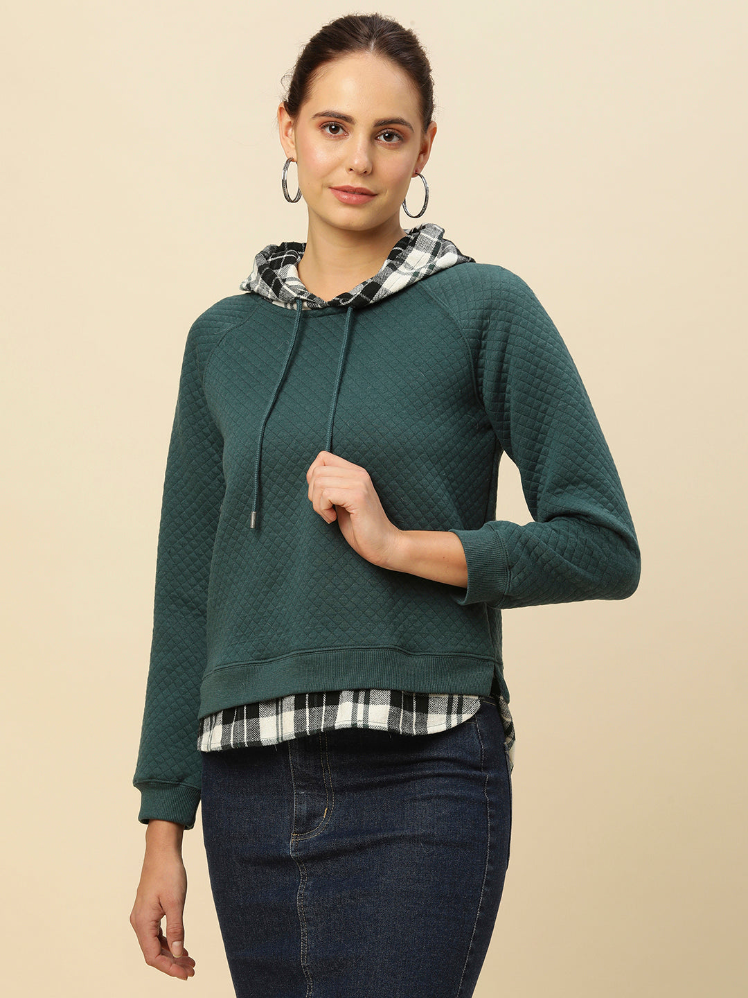 Quilted Faux Layered Look Sweatshirt W/ Plaid Hoodie