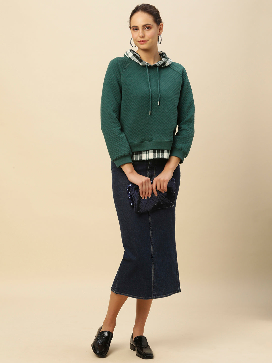 Quilted Faux Layered Look Sweatshirt W/ Plaid Hoodie