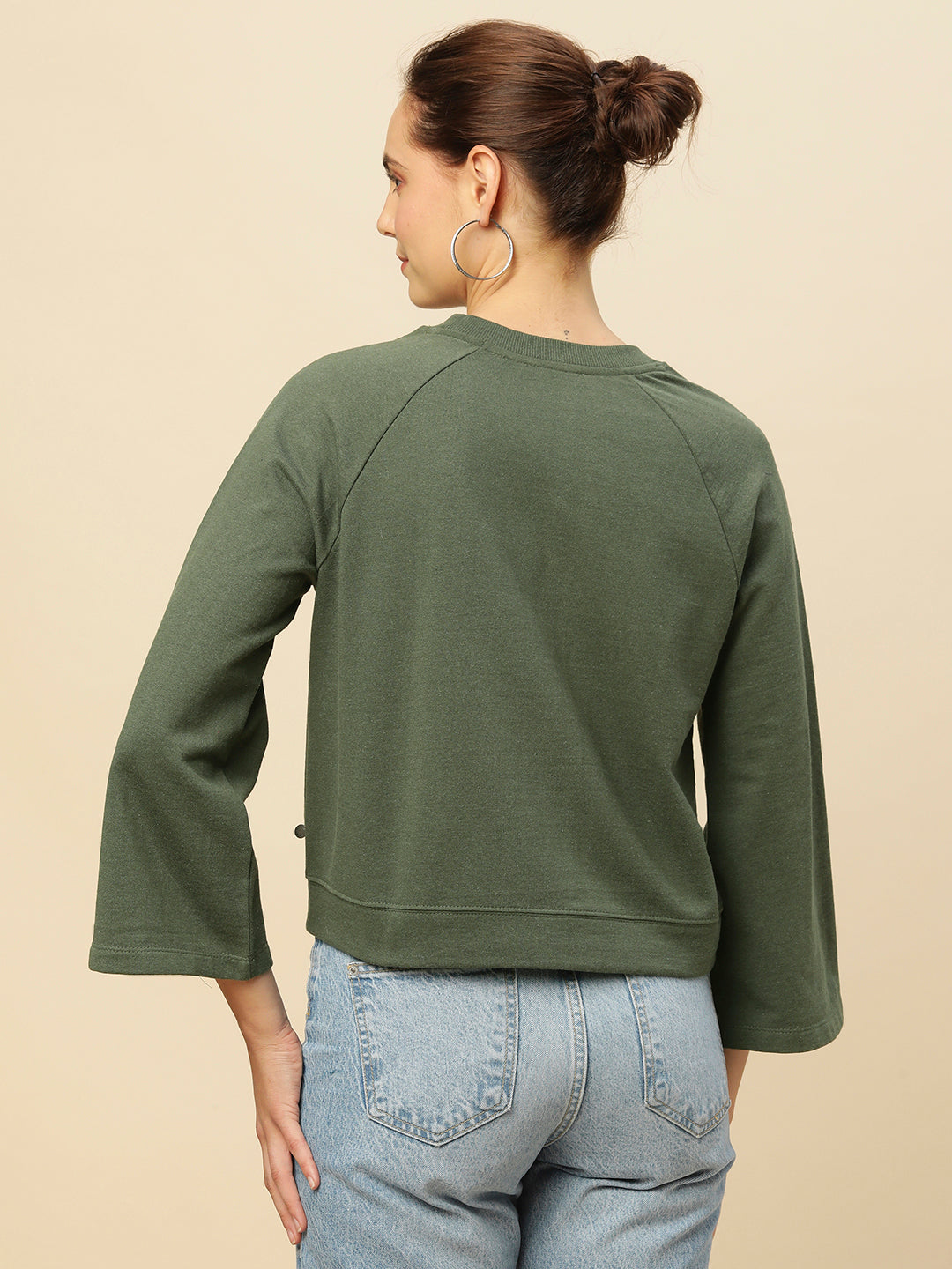 FLEECE RAGLAN FLARED SLEEVE CROPPED SWEATSHIRT