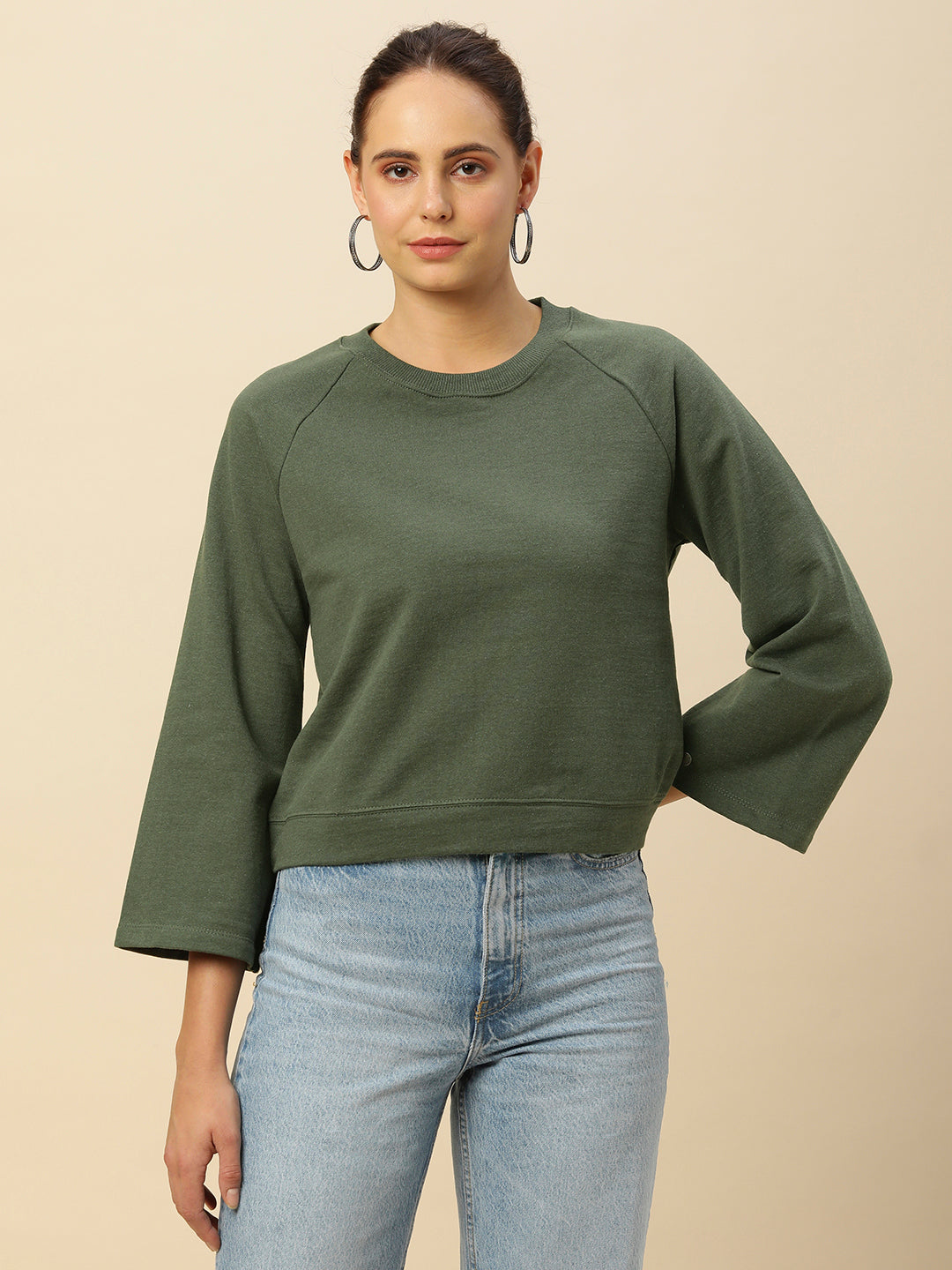 FLEECE RAGLAN FLARED SLEEVE CROPPED SWEATSHIRT