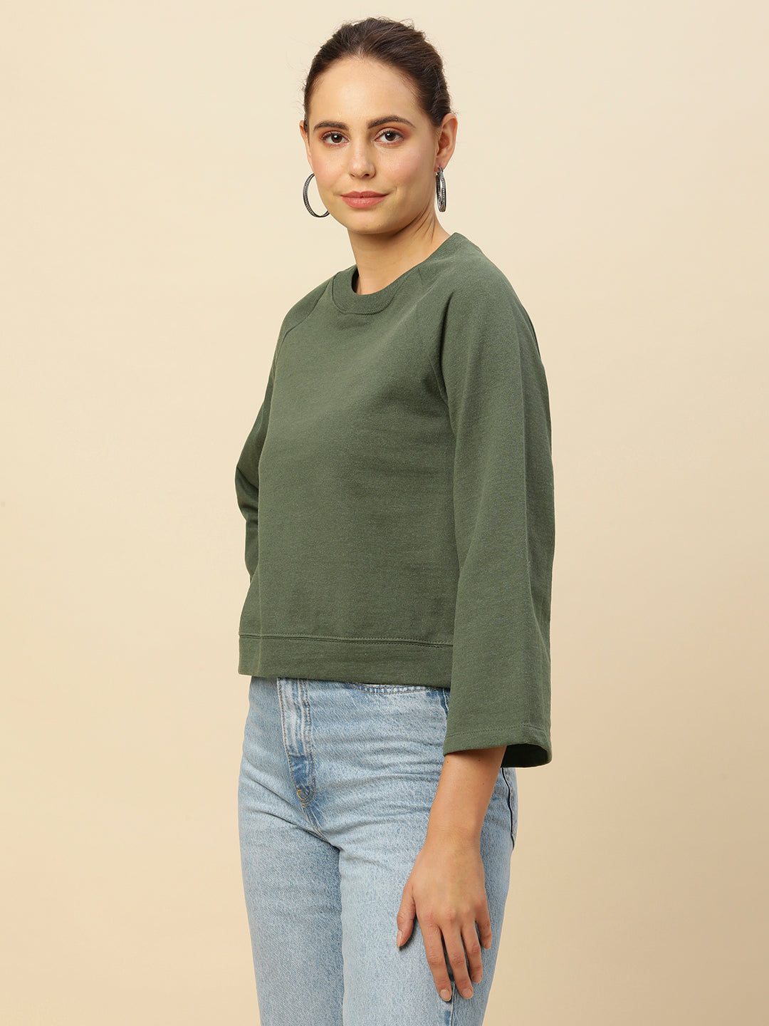 FLEECE RAGLAN FLARED SLEEVE CROPPED SWEATSHIRT