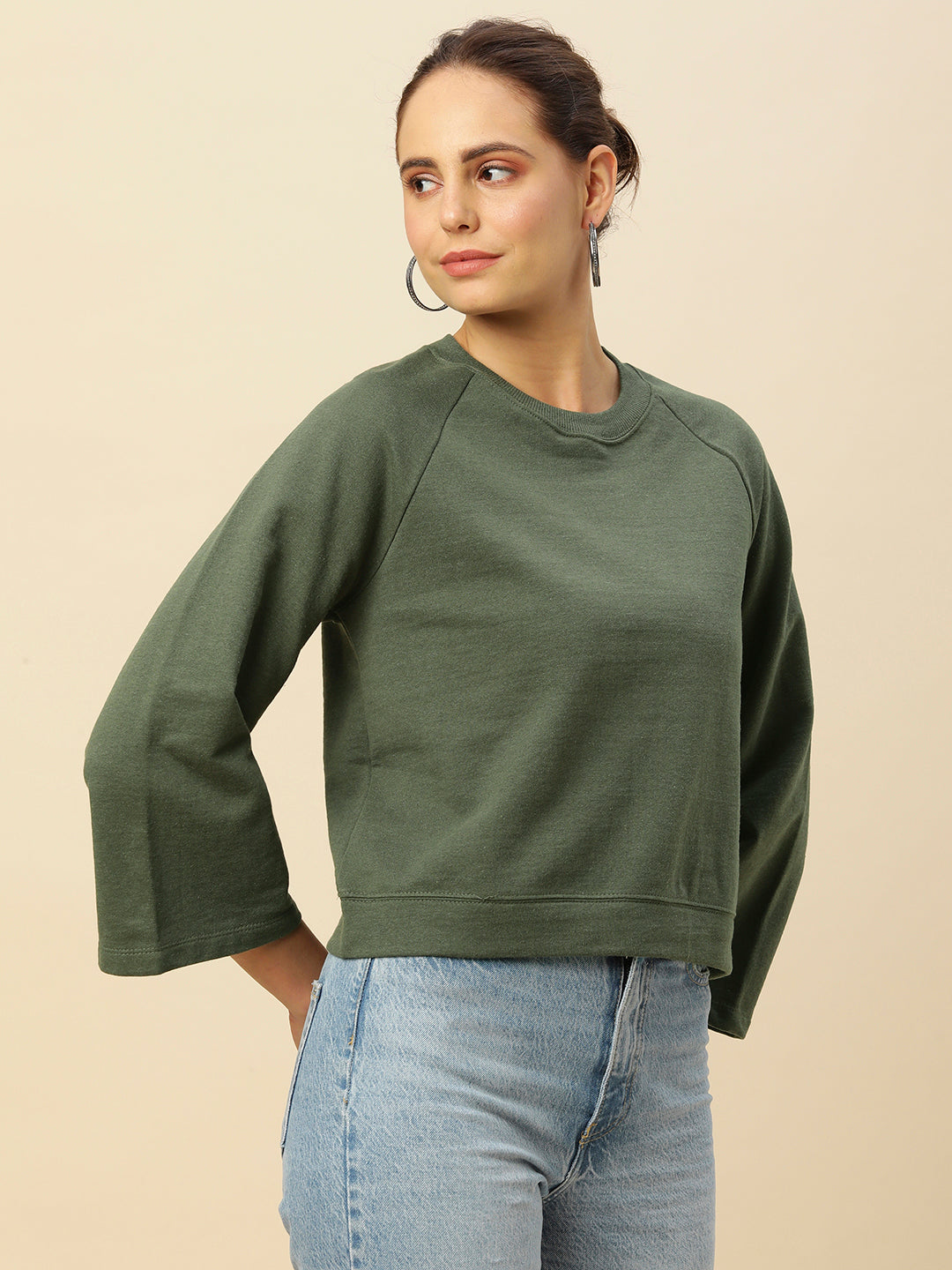 FLEECE RAGLAN FLARED SLEEVE CROPPED SWEATSHIRT