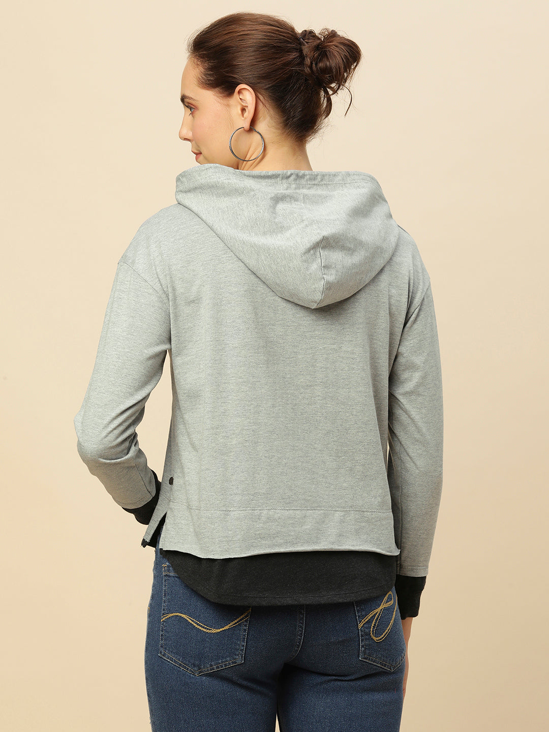 GREY MELANGE COLOR BLOCKED  JERSEY HOODIE