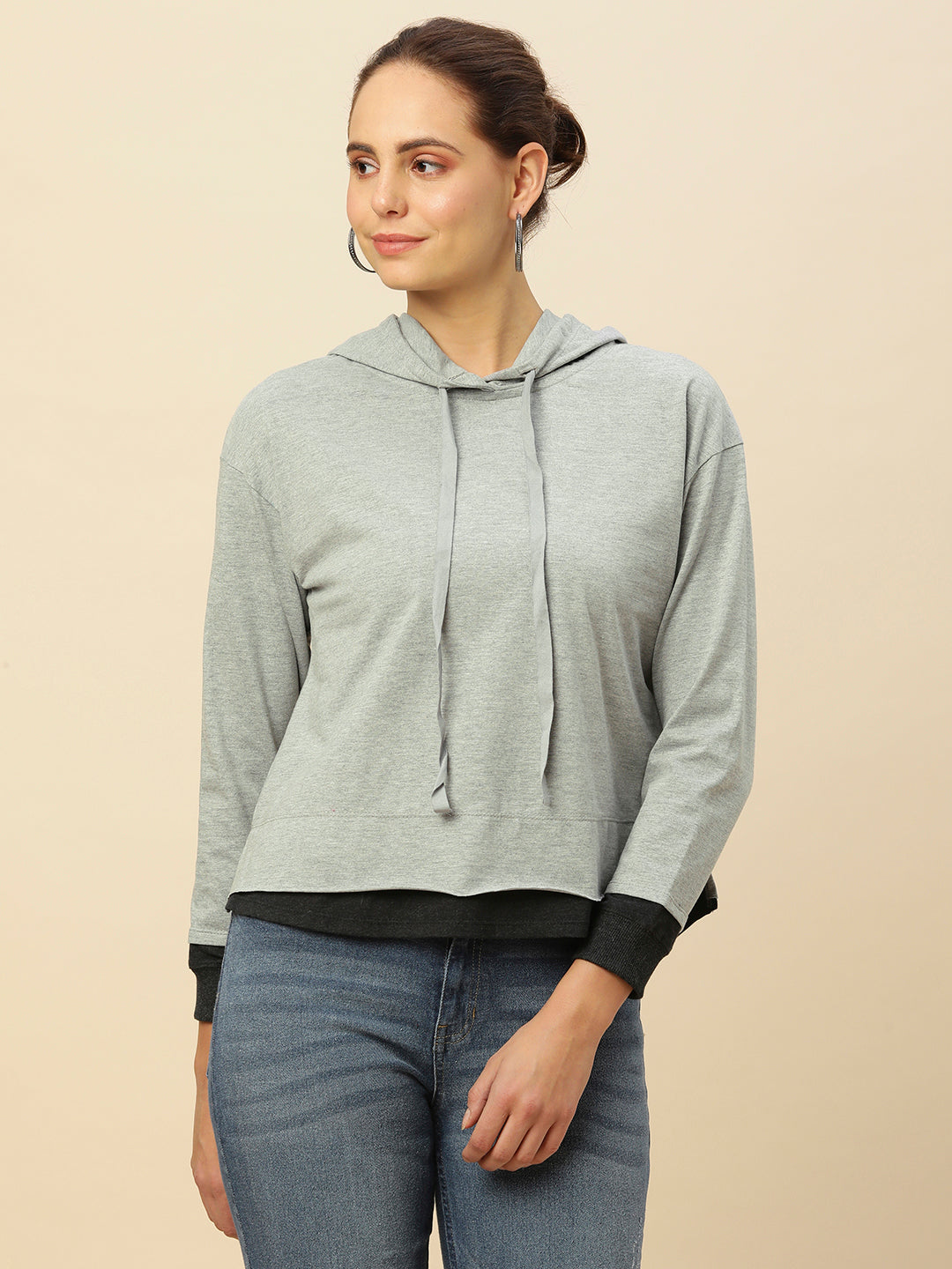 GREY MELANGE COLOR BLOCKED  JERSEY HOODIE