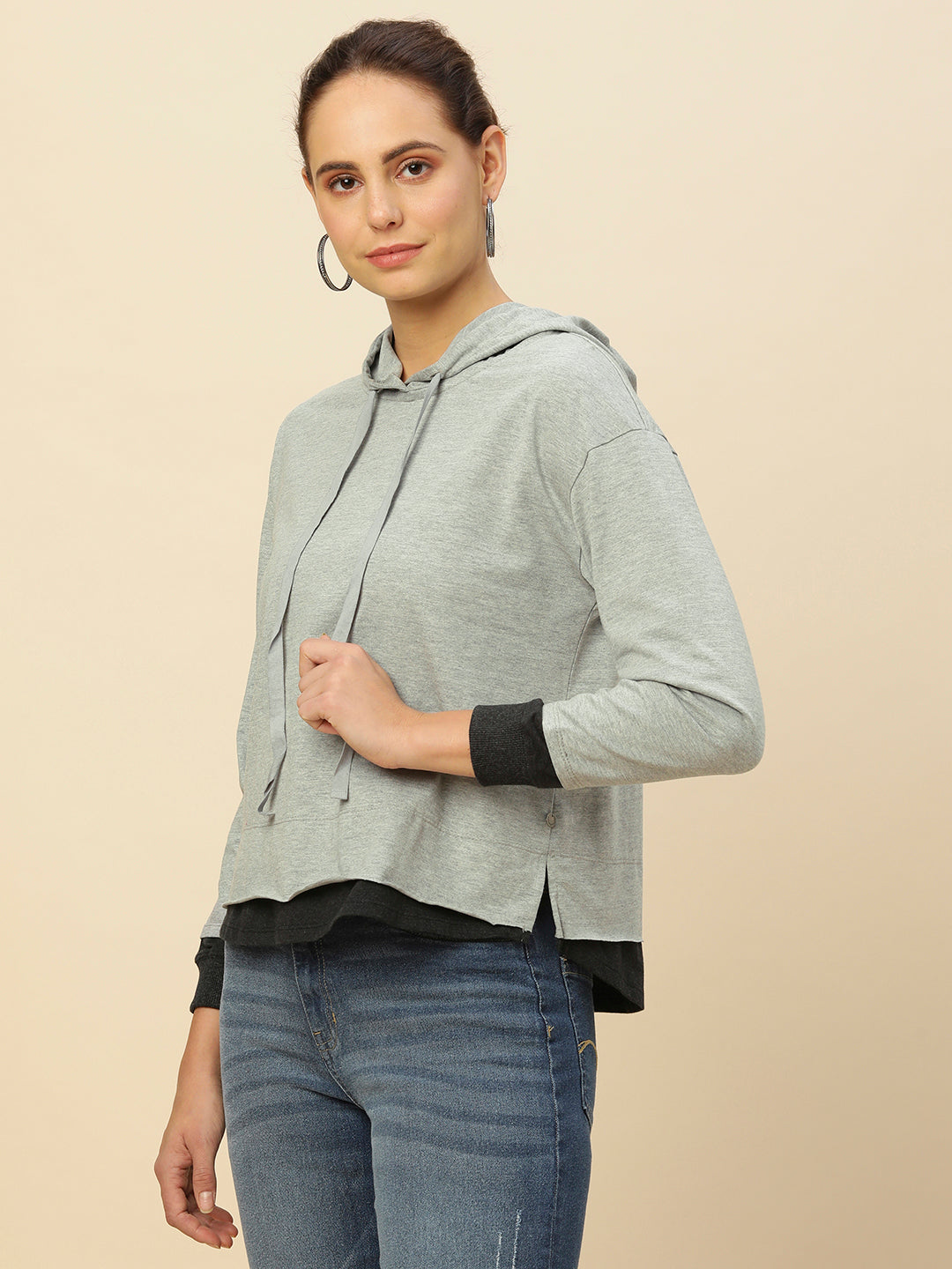 GREY MELANGE COLOR BLOCKED  JERSEY HOODIE