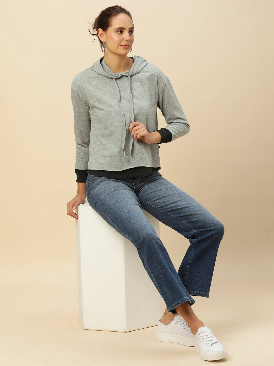 GREY MELANGE COLOR BLOCKED  JERSEY HOODIE