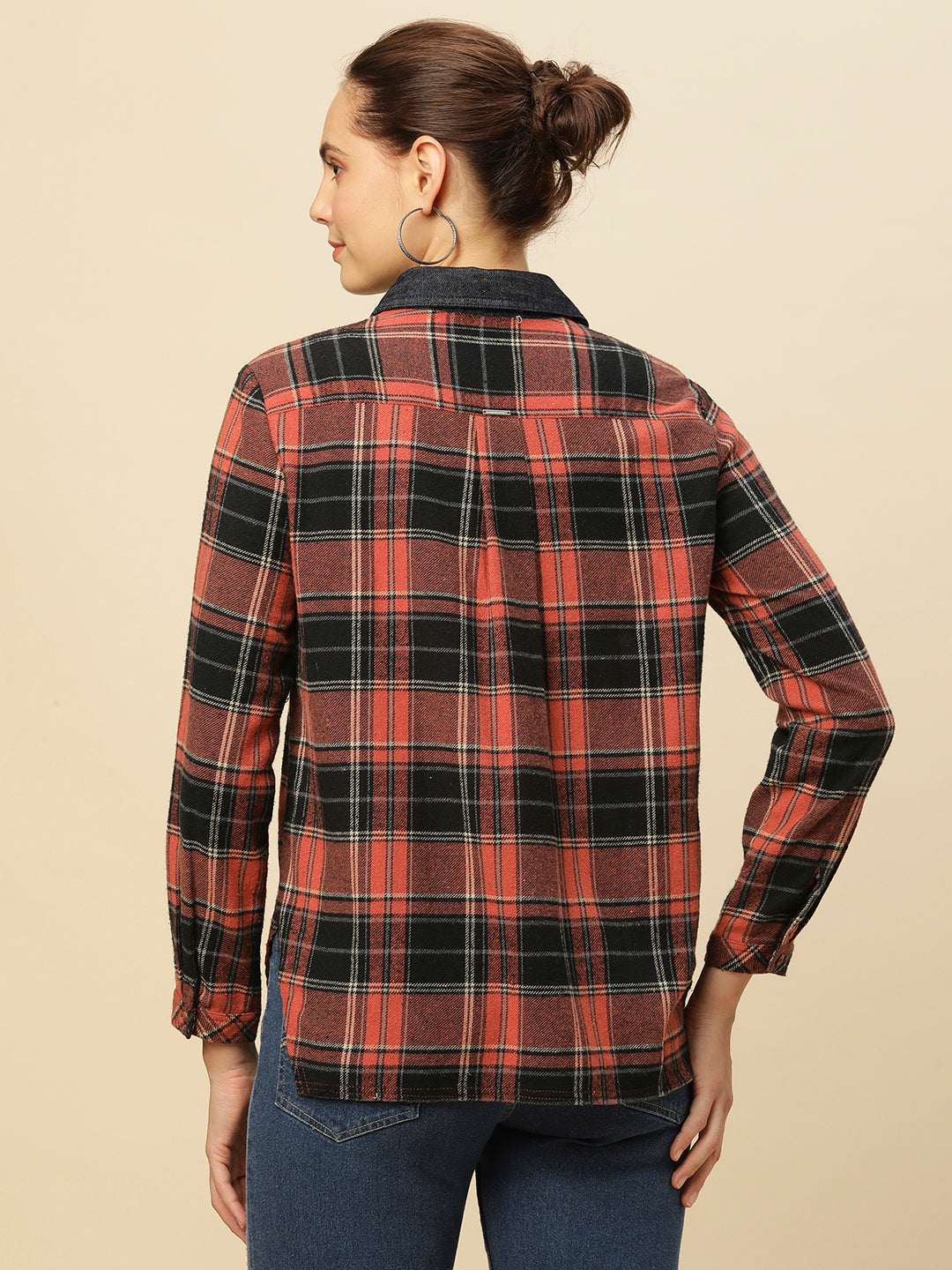 BRUSHED FLANNEL PLAID SHIRT WITH INDIGO DENIM COLLAR