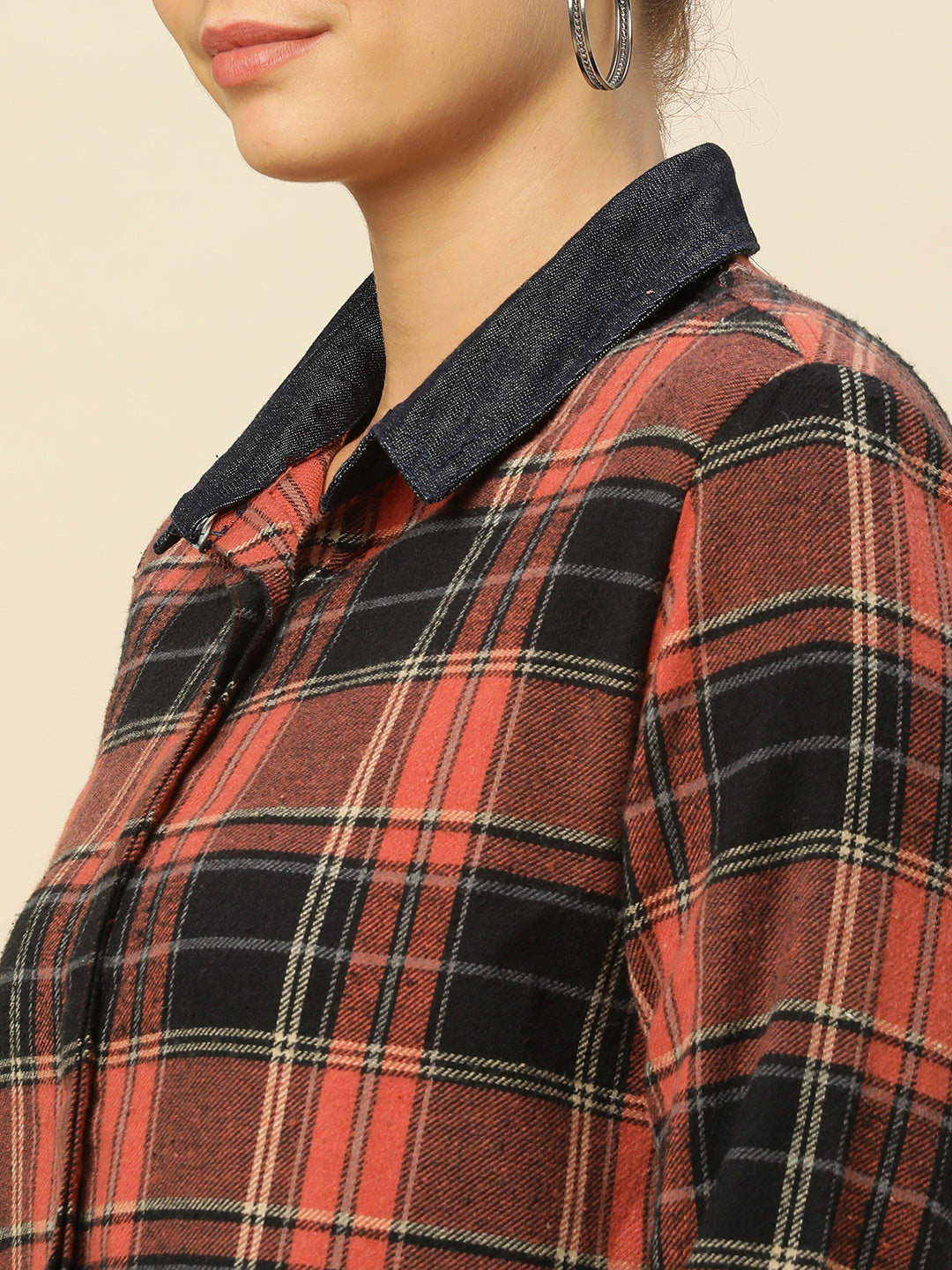 BRUSHED FLANNEL PLAID SHIRT WITH INDIGO DENIM COLLAR