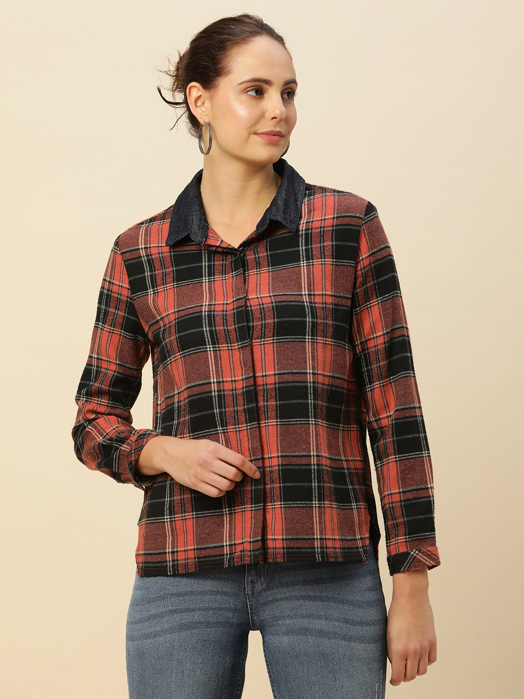 BRUSHED FLANNEL PLAID SHIRT WITH INDIGO DENIM COLLAR