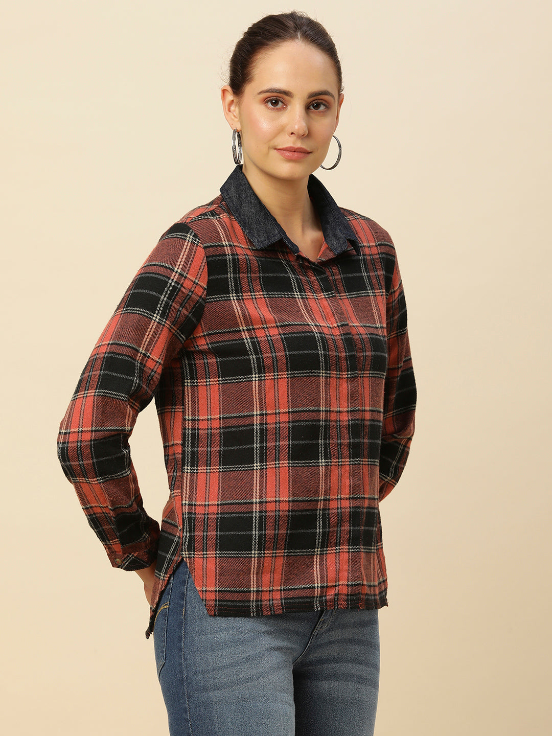 BRUSHED FLANNEL PLAID SHIRT WITH INDIGO DENIM COLLAR