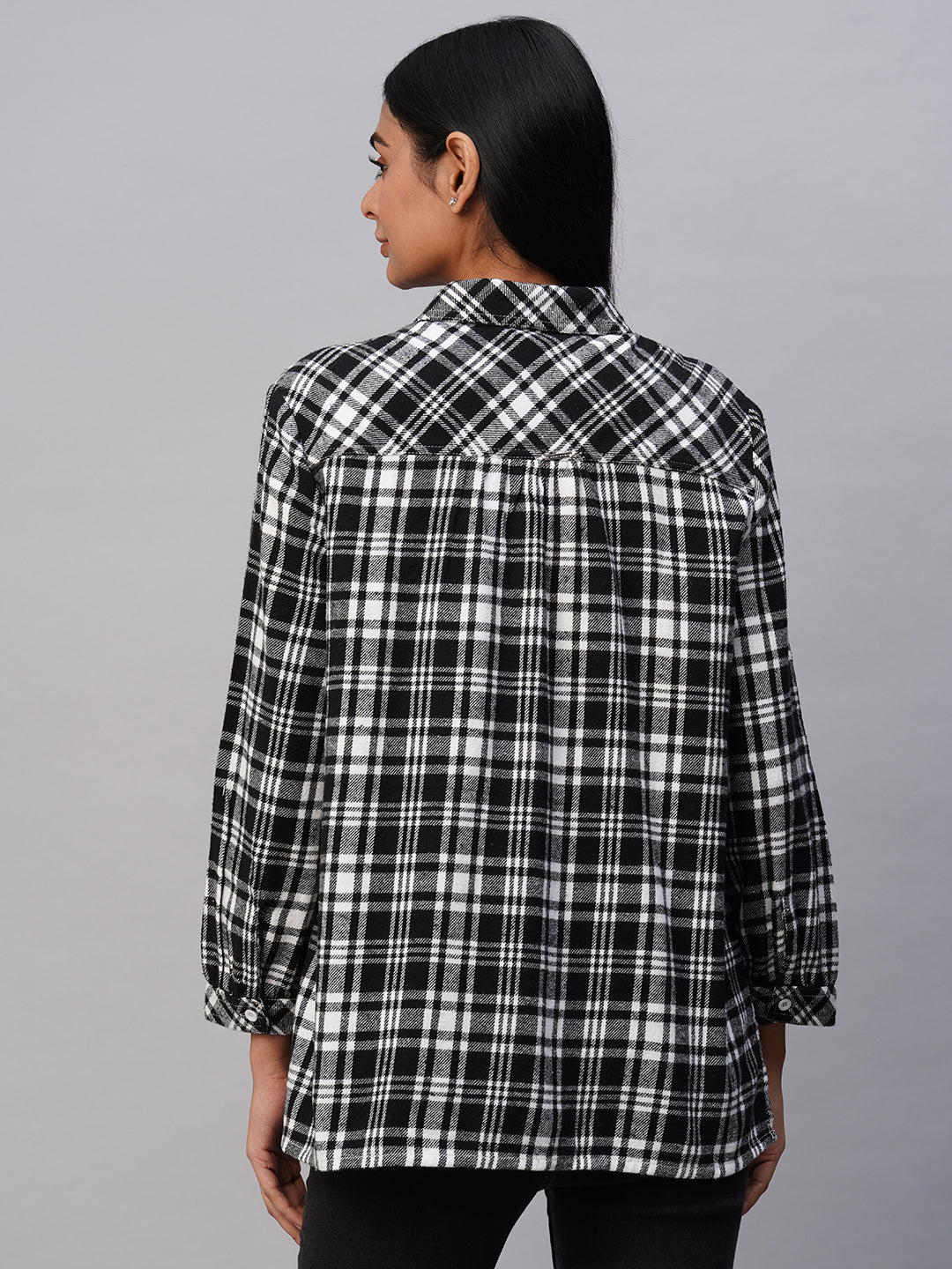 Embroidered Yoke Brushed Flannel Plaid Longline Shirt