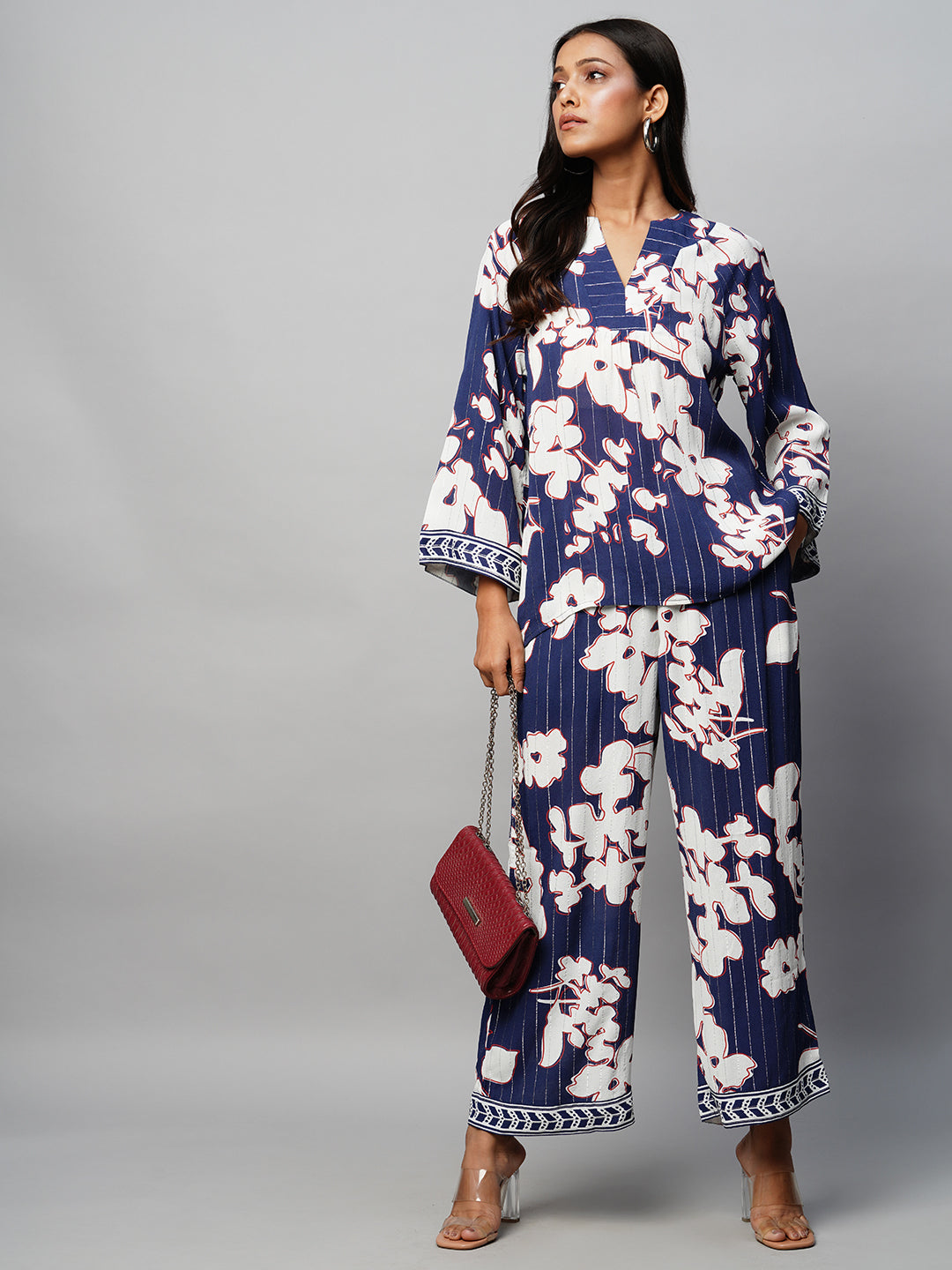 Giant Floral Print On Lurex Viscose Crepe Wide Leg Culottes