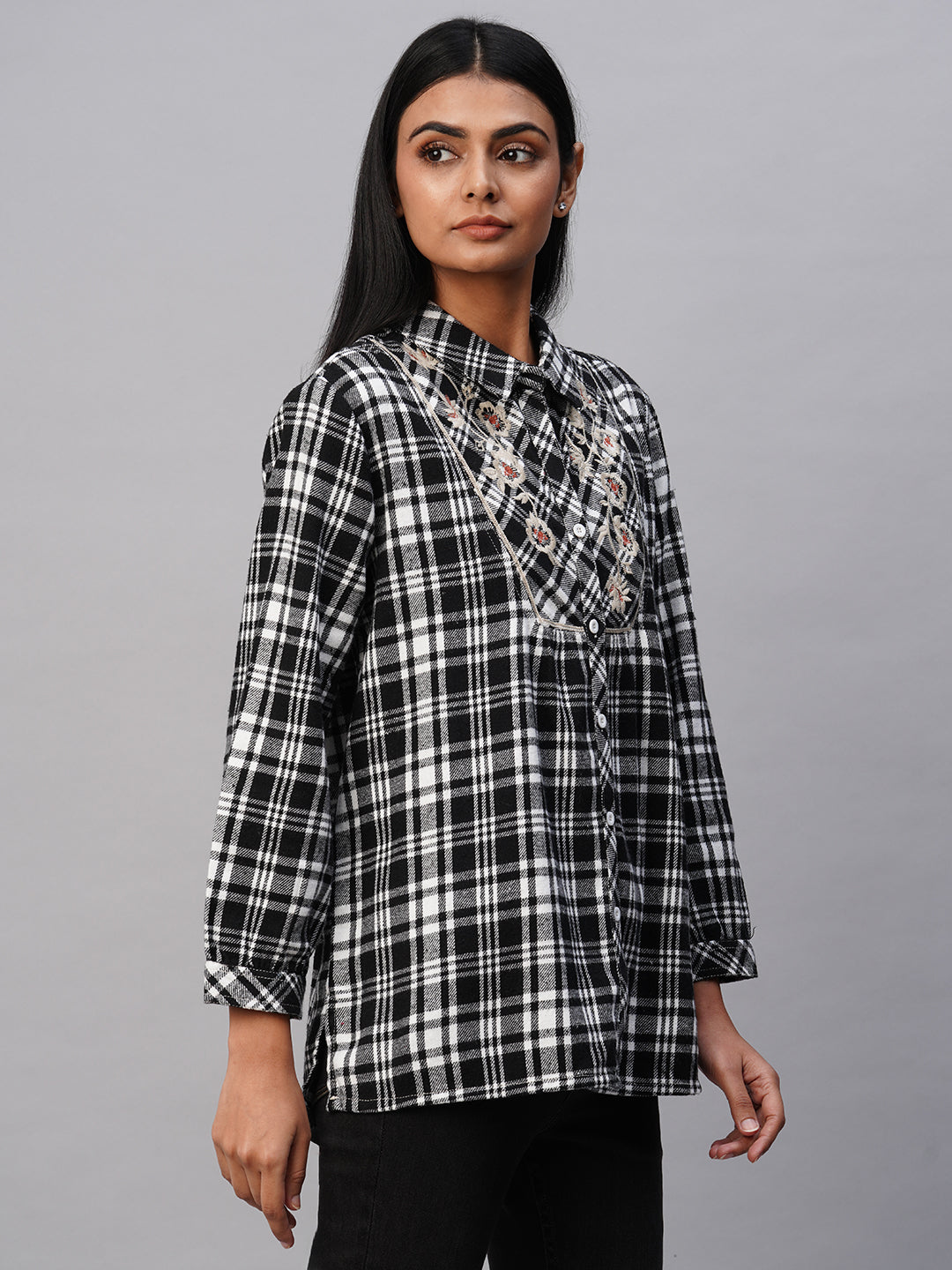 Embroidered Yoke Brushed Flannel Plaid Longline Shirt
