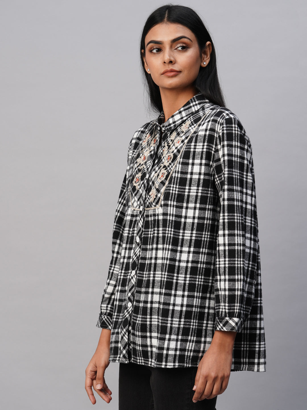 Embroidered Yoke Brushed Flannel Plaid Longline Shirt