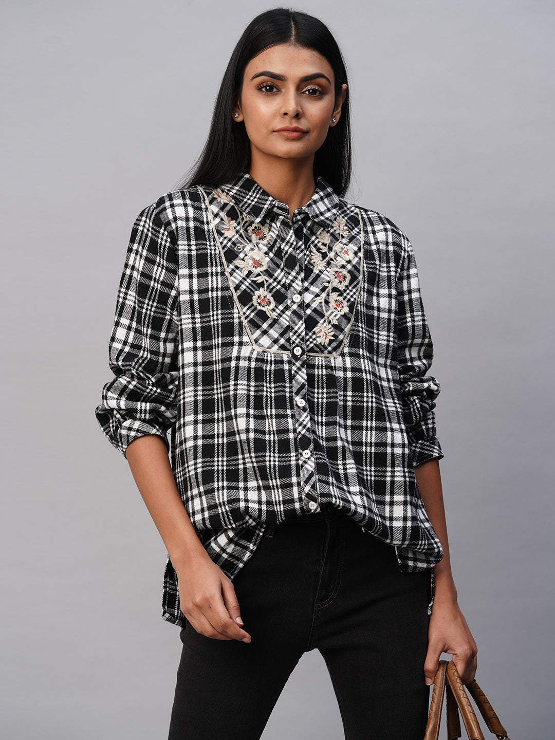 Embroidered Yoke Brushed Flannel Plaid Longline Shirt