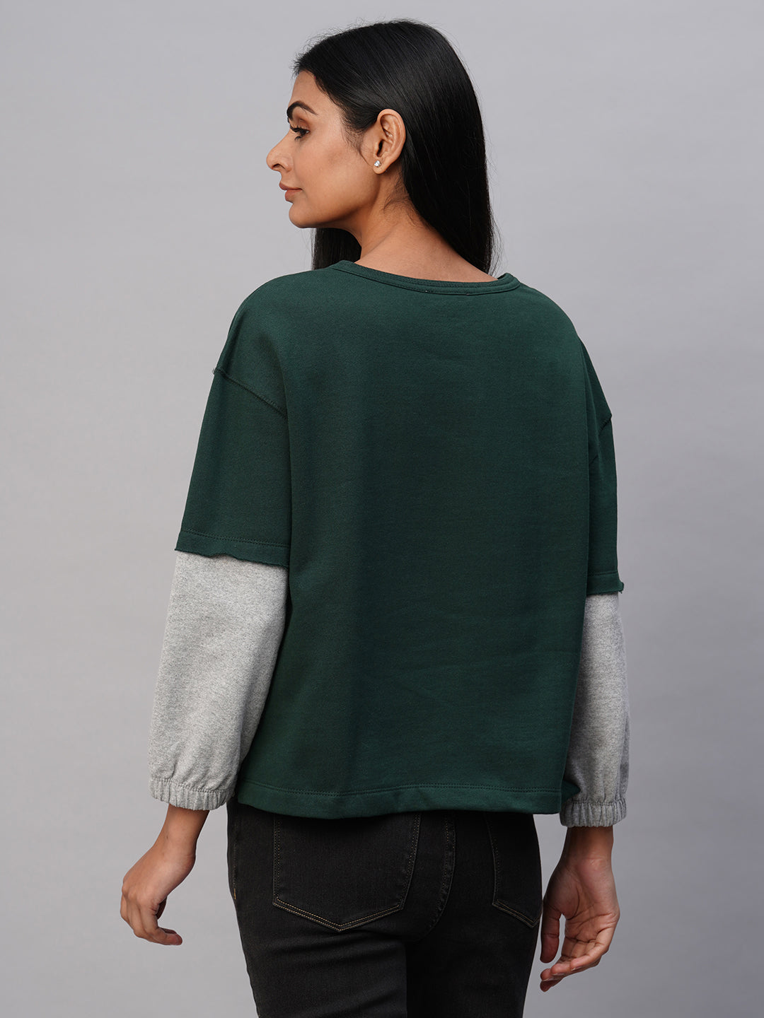 FRENCH TERRY EMBROIDERED SWEATSHIRT W/ FAUX DOUBLER DETAIL SLEEVES