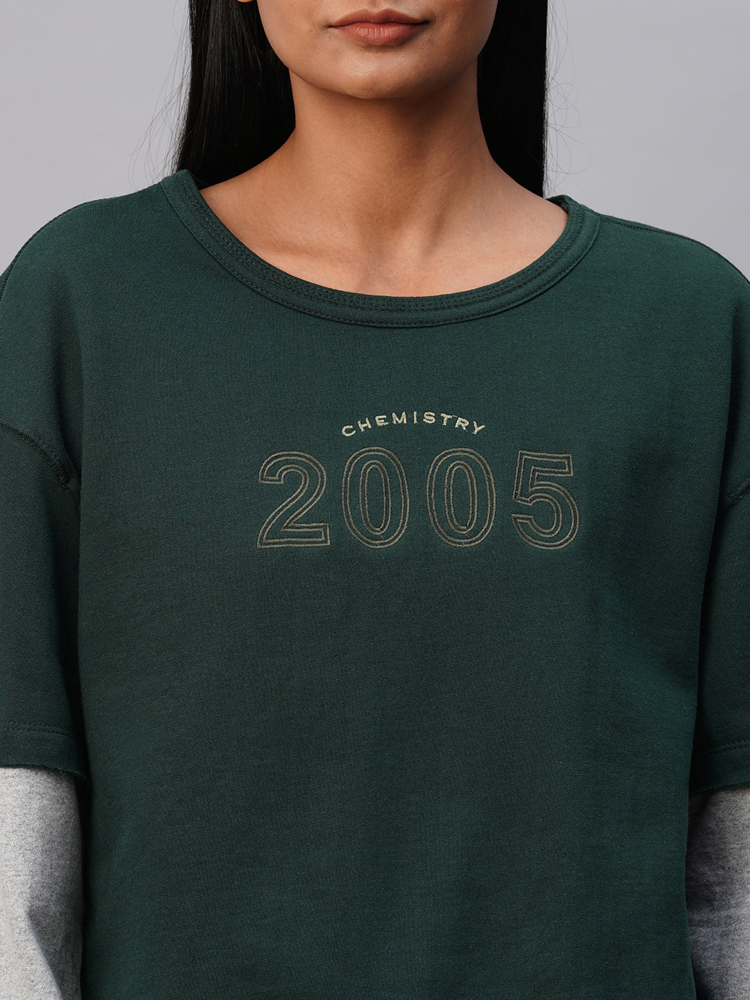 FRENCH TERRY EMBROIDERED SWEATSHIRT W/ FAUX DOUBLER DETAIL SLEEVES