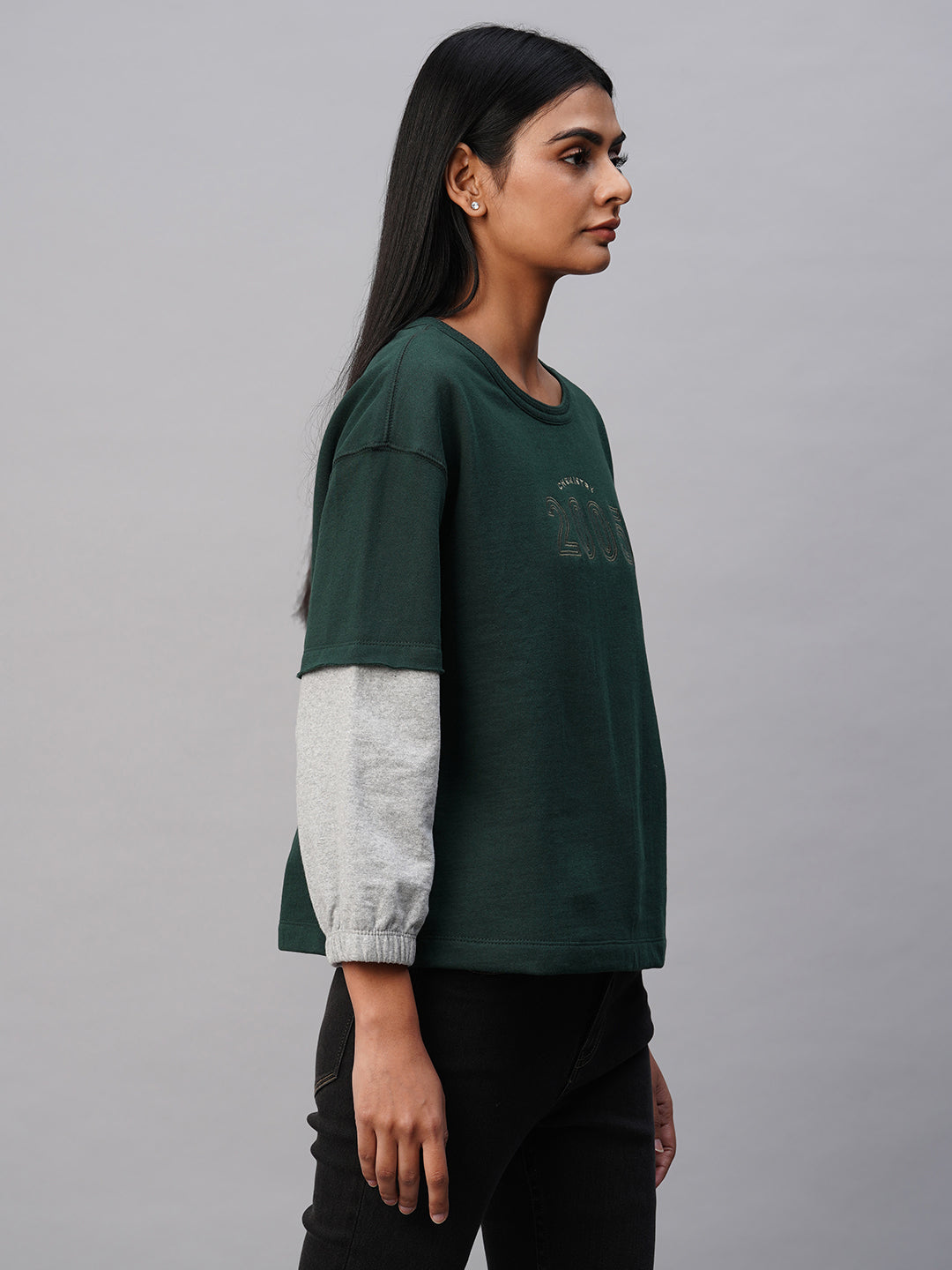 FRENCH TERRY EMBROIDERED SWEATSHIRT W/ FAUX DOUBLER DETAIL SLEEVES