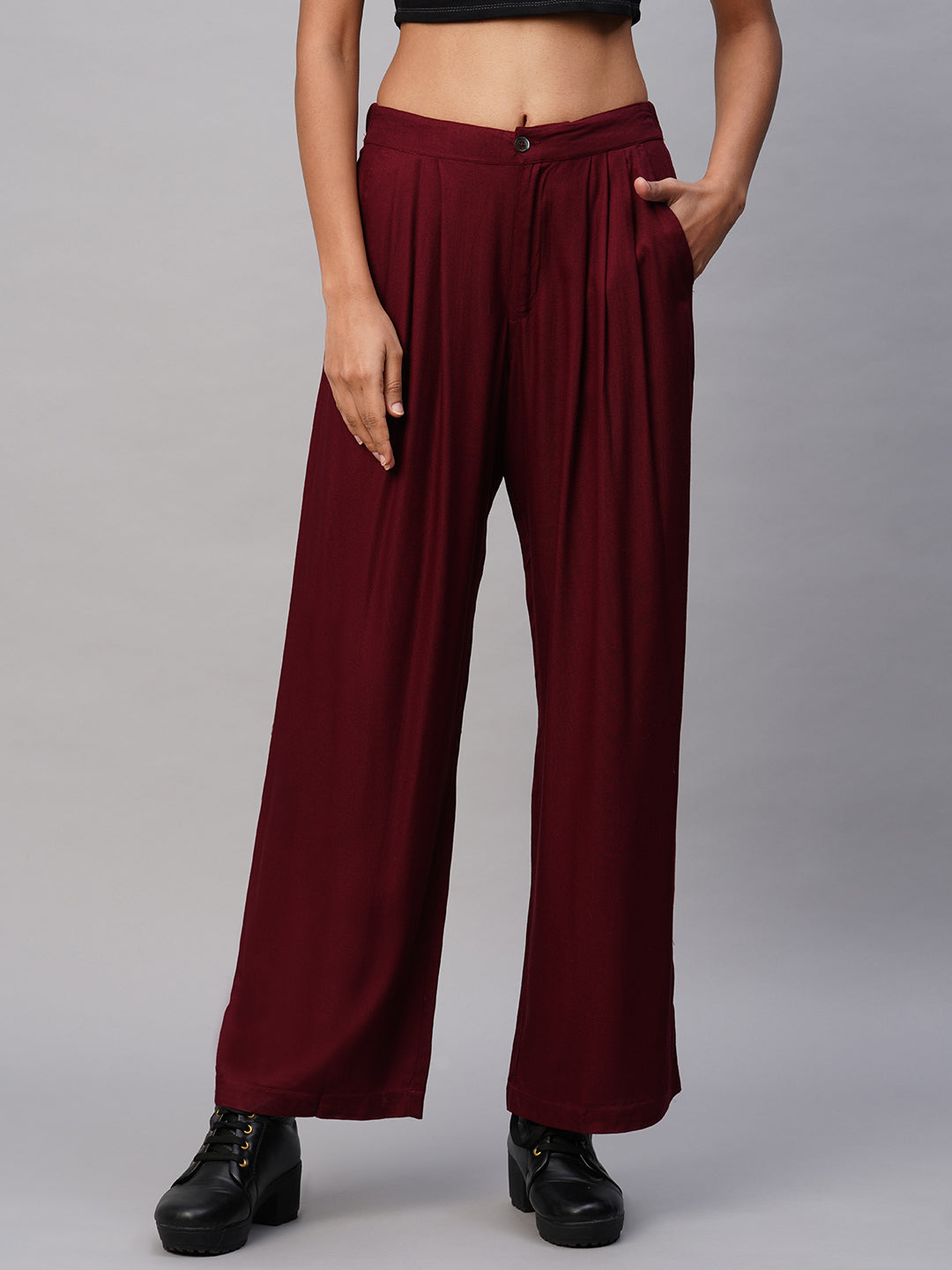 Viscose Twill Pleated Straight Leg Fluid Trousers