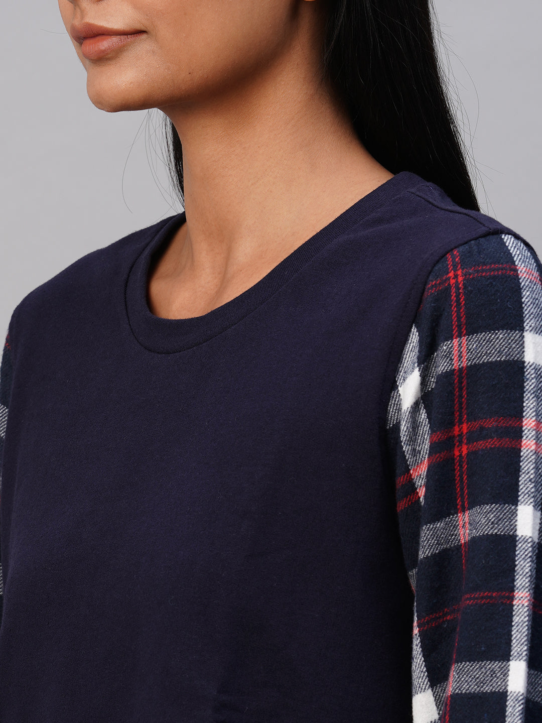 French Terry Sweatshirt With Brushed Plaid Cuffed Sleeves