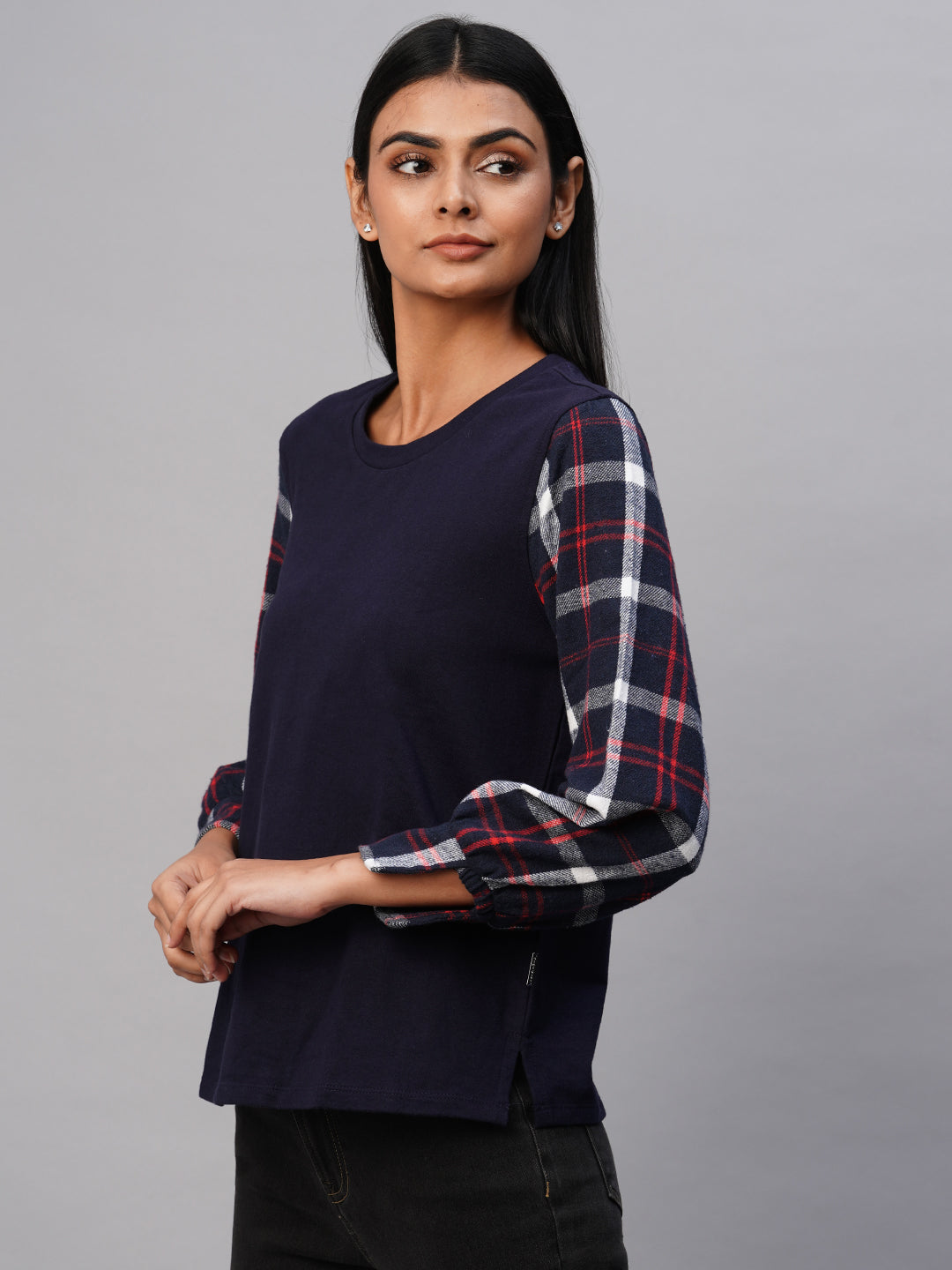 French Terry Sweatshirt With Brushed Plaid Cuffed Sleeves