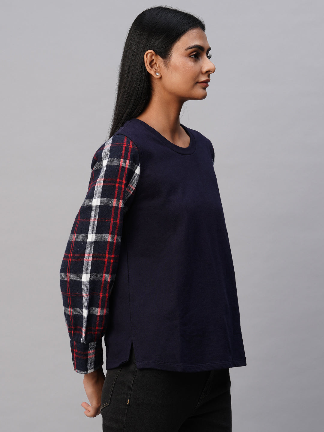 French Terry Sweatshirt With Brushed Plaid Cuffed Sleeves