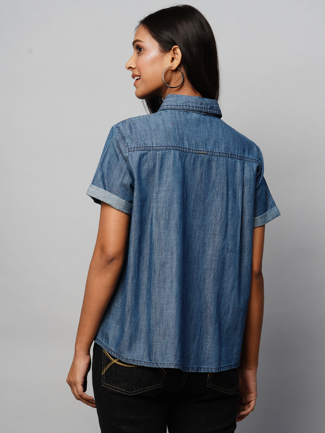 Mid Wash Cropped Denim Shirt