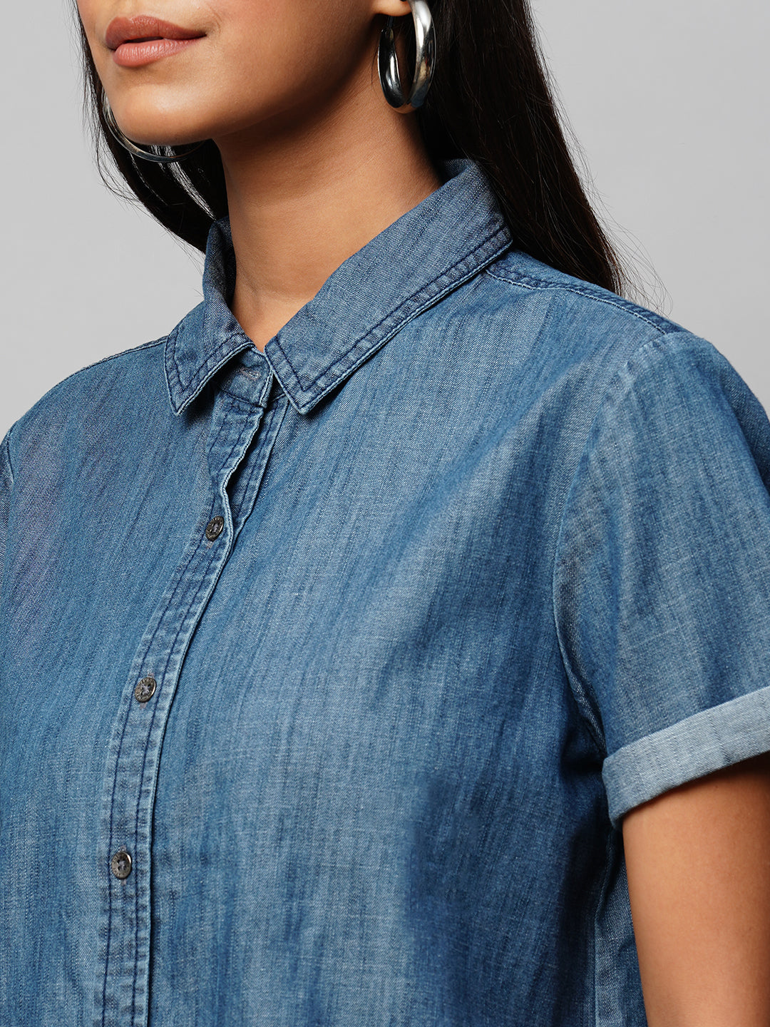 Mid Wash Cropped Denim Shirt