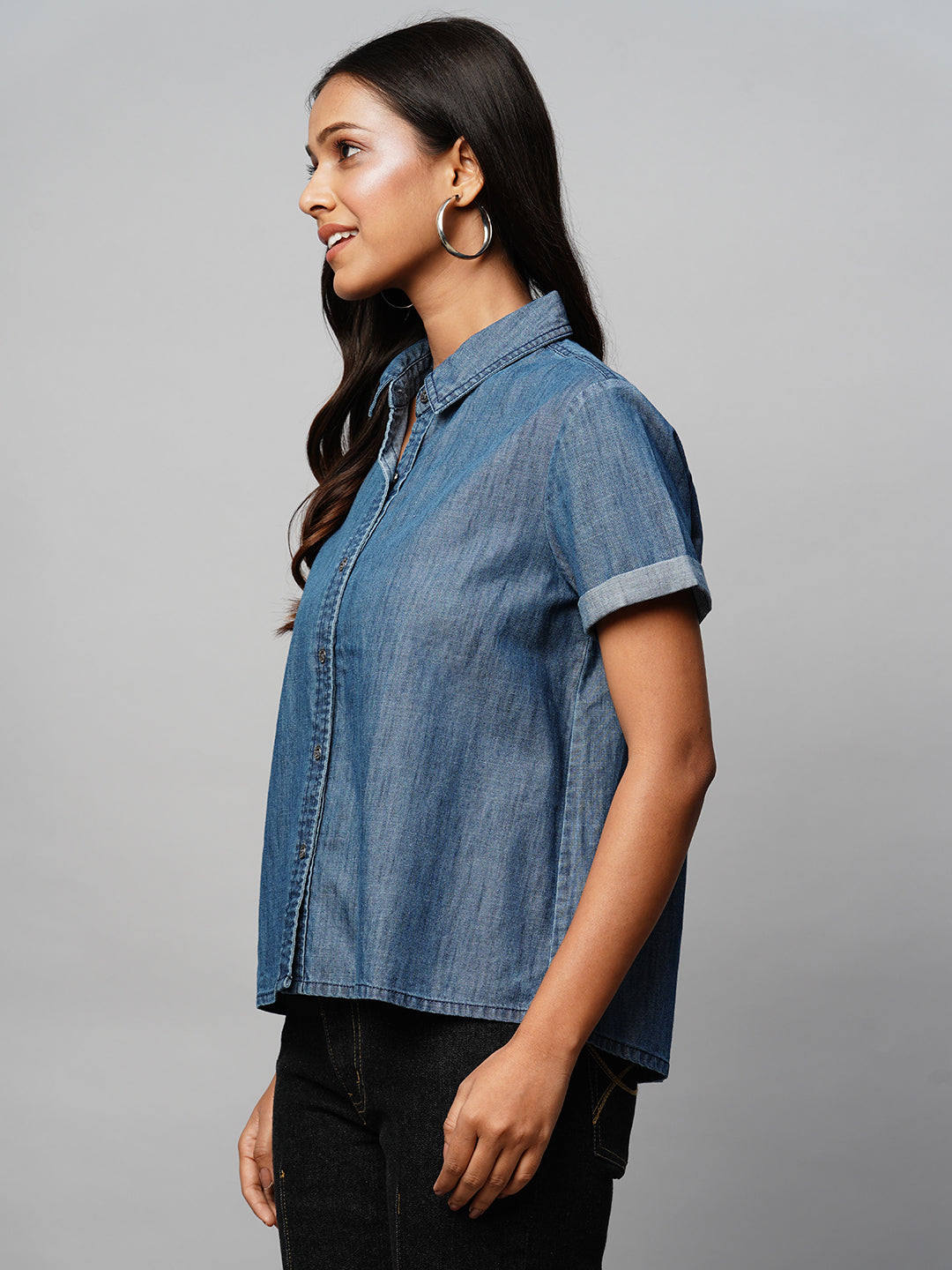 Mid Wash Cropped Denim Shirt