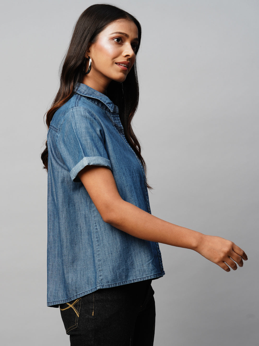Mid Wash Cropped Denim Shirt